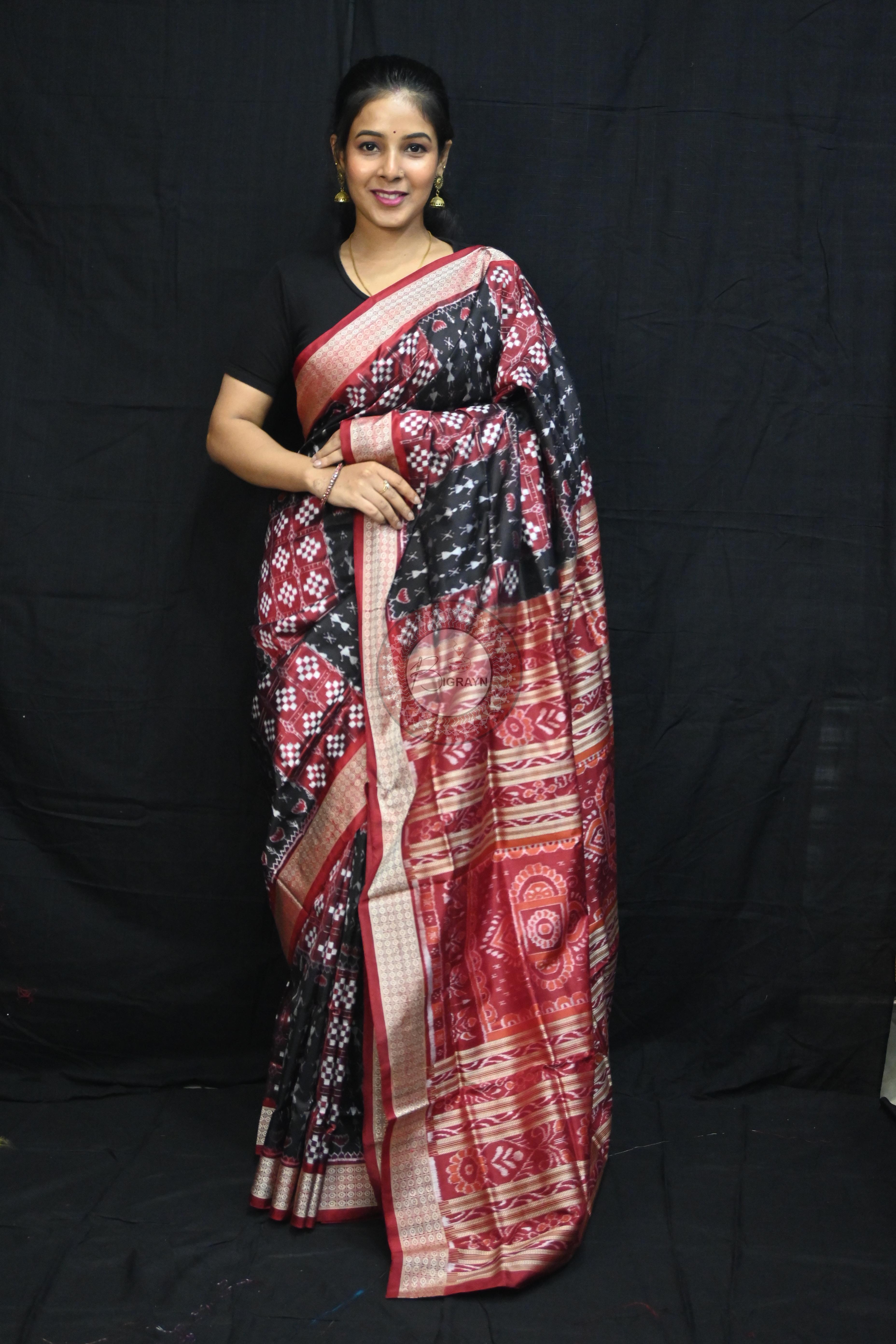 Red Black Pasapali And Tribal Sambalpuri Silk Saree