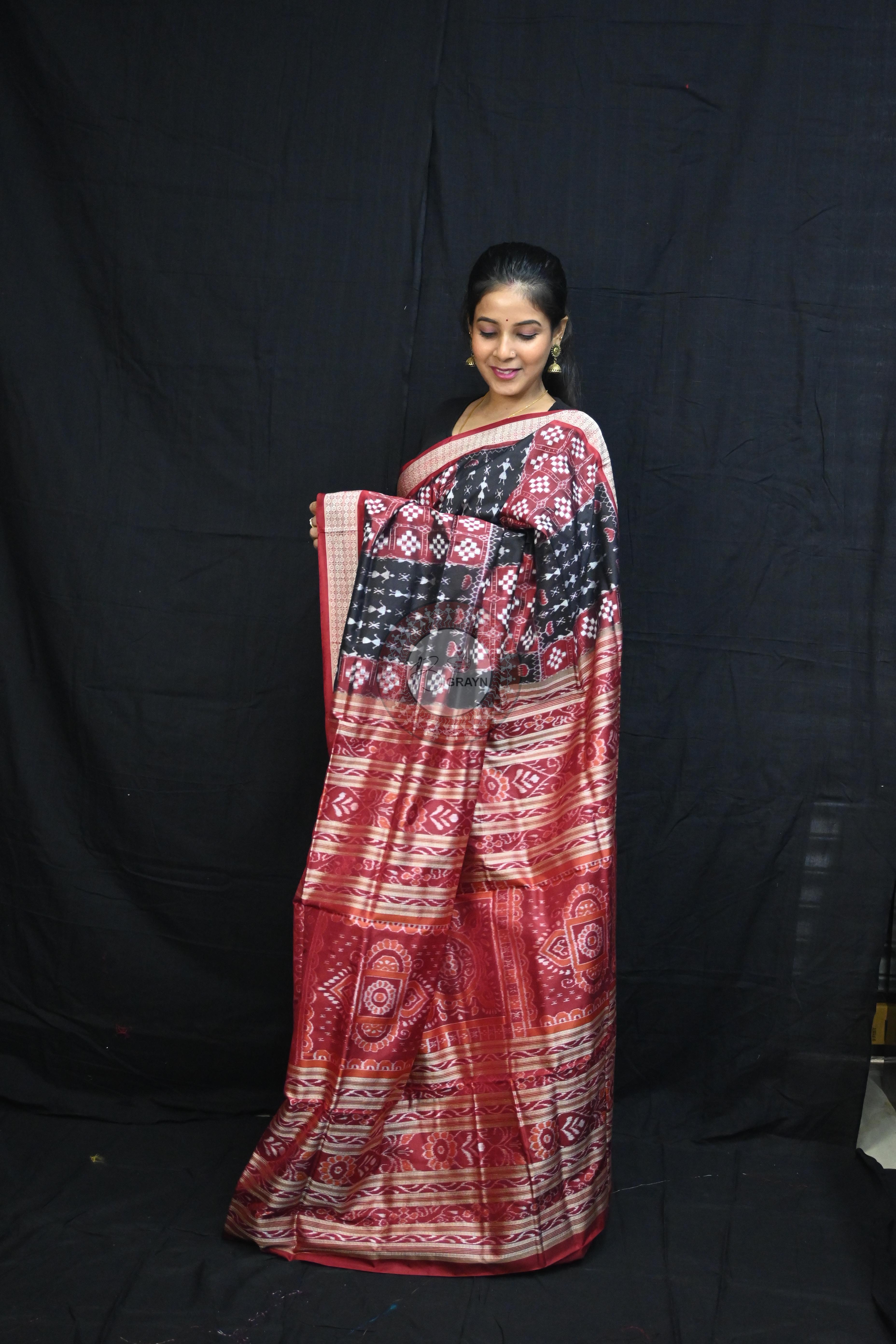 Red Black Pasapali And Tribal Sambalpuri Silk Saree