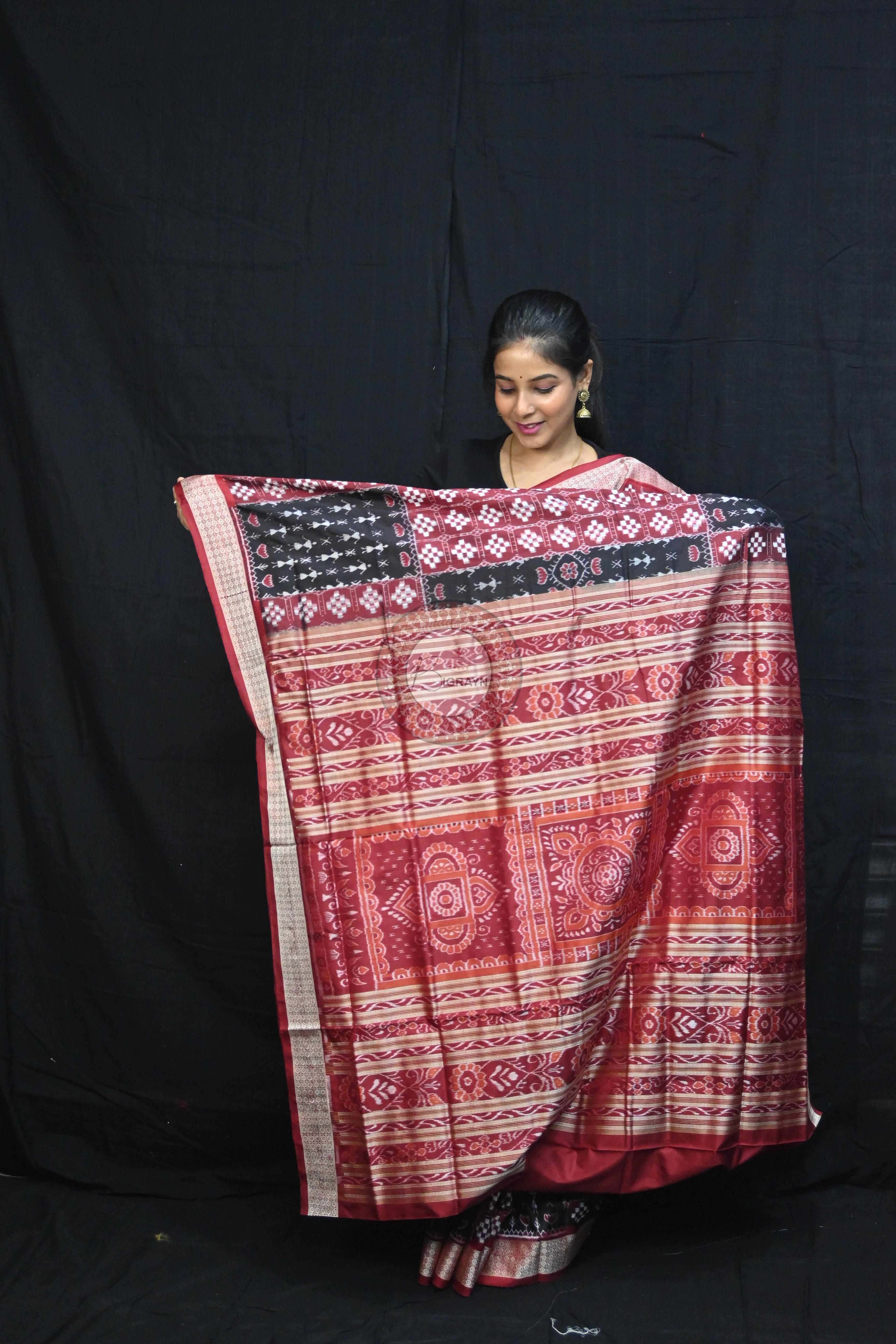 Red Black Pasapali And Tribal Sambalpuri Silk Saree