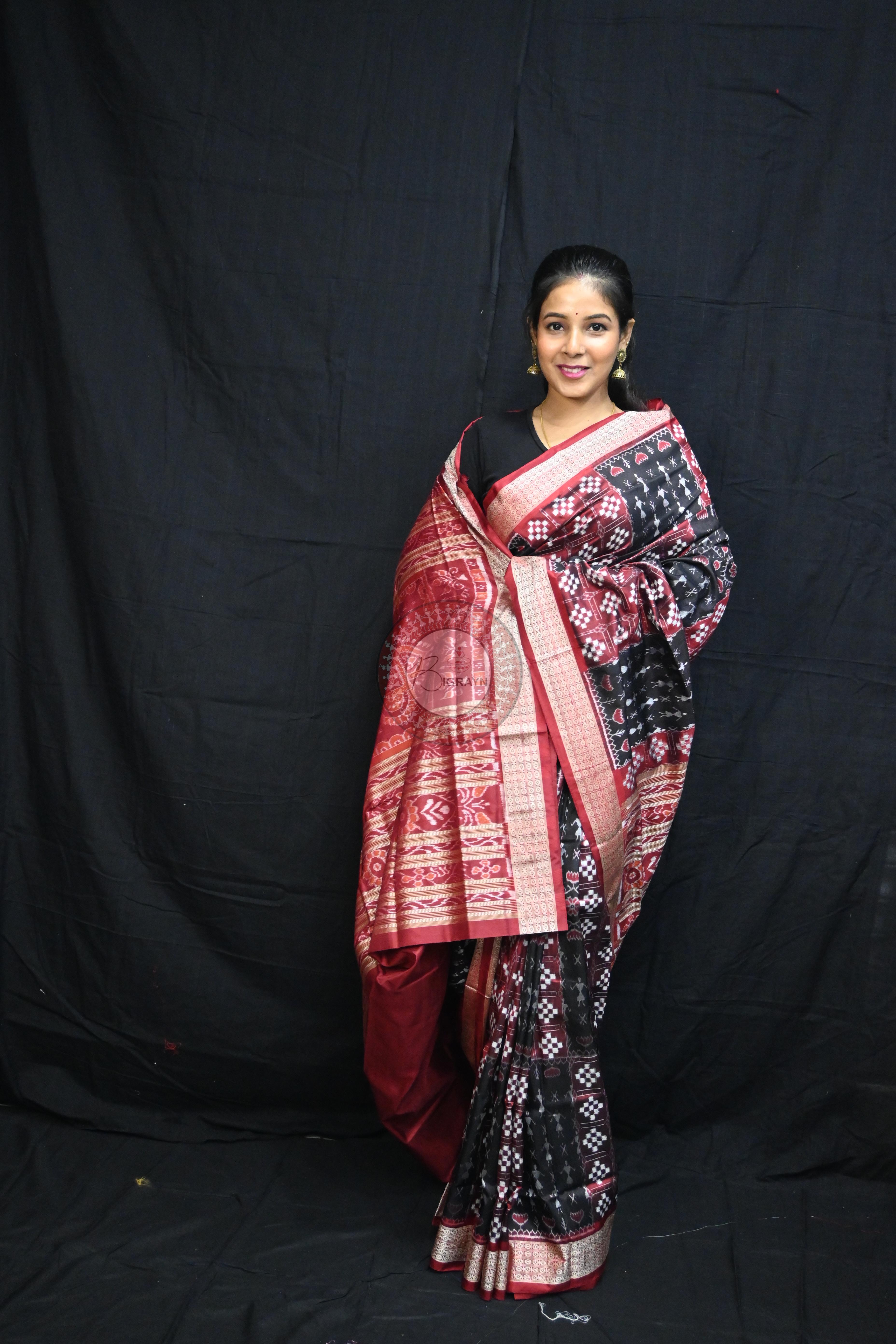Red Black Pasapali And Tribal Sambalpuri Silk Saree