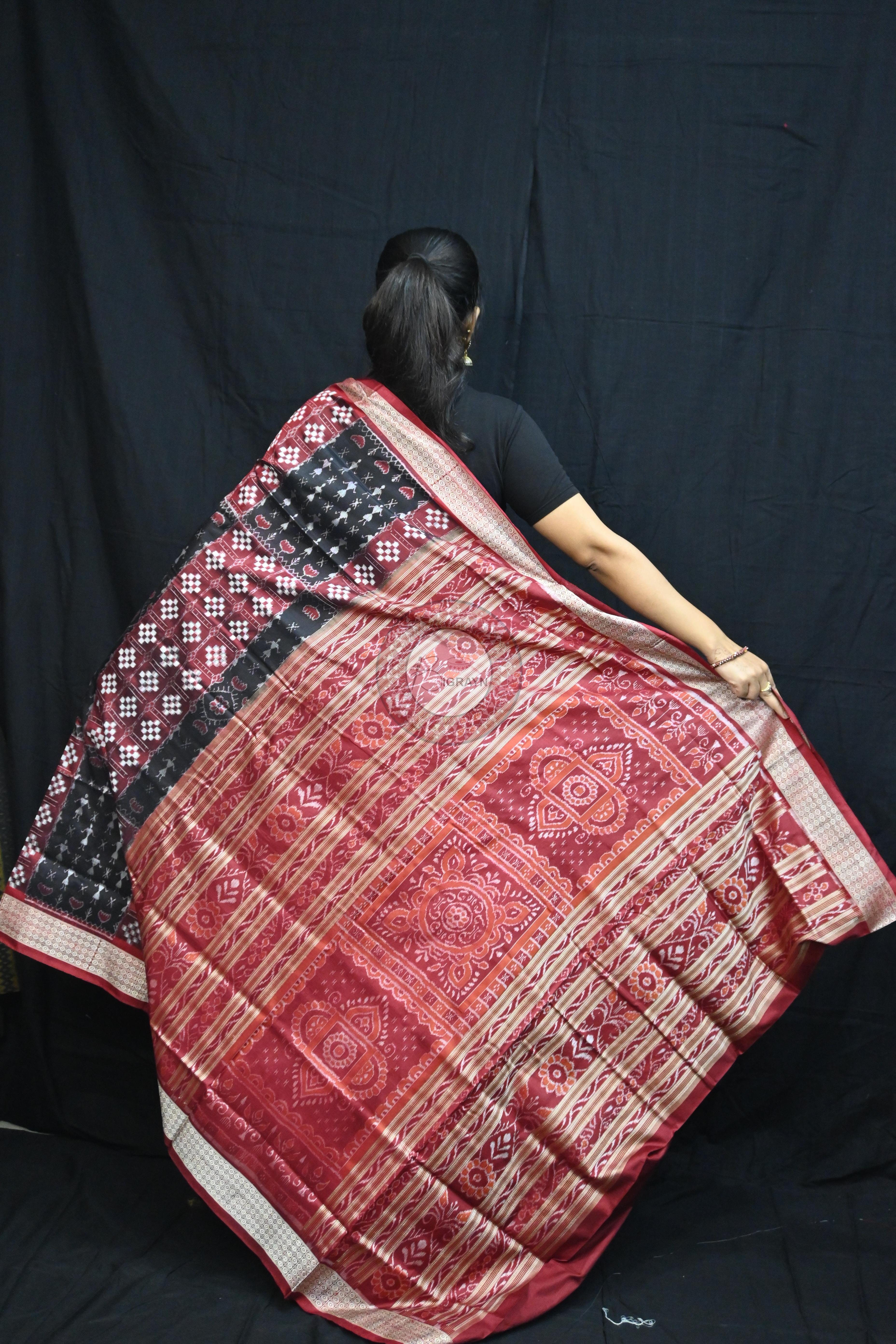 Red Black Pasapali And Tribal Sambalpuri Silk Saree