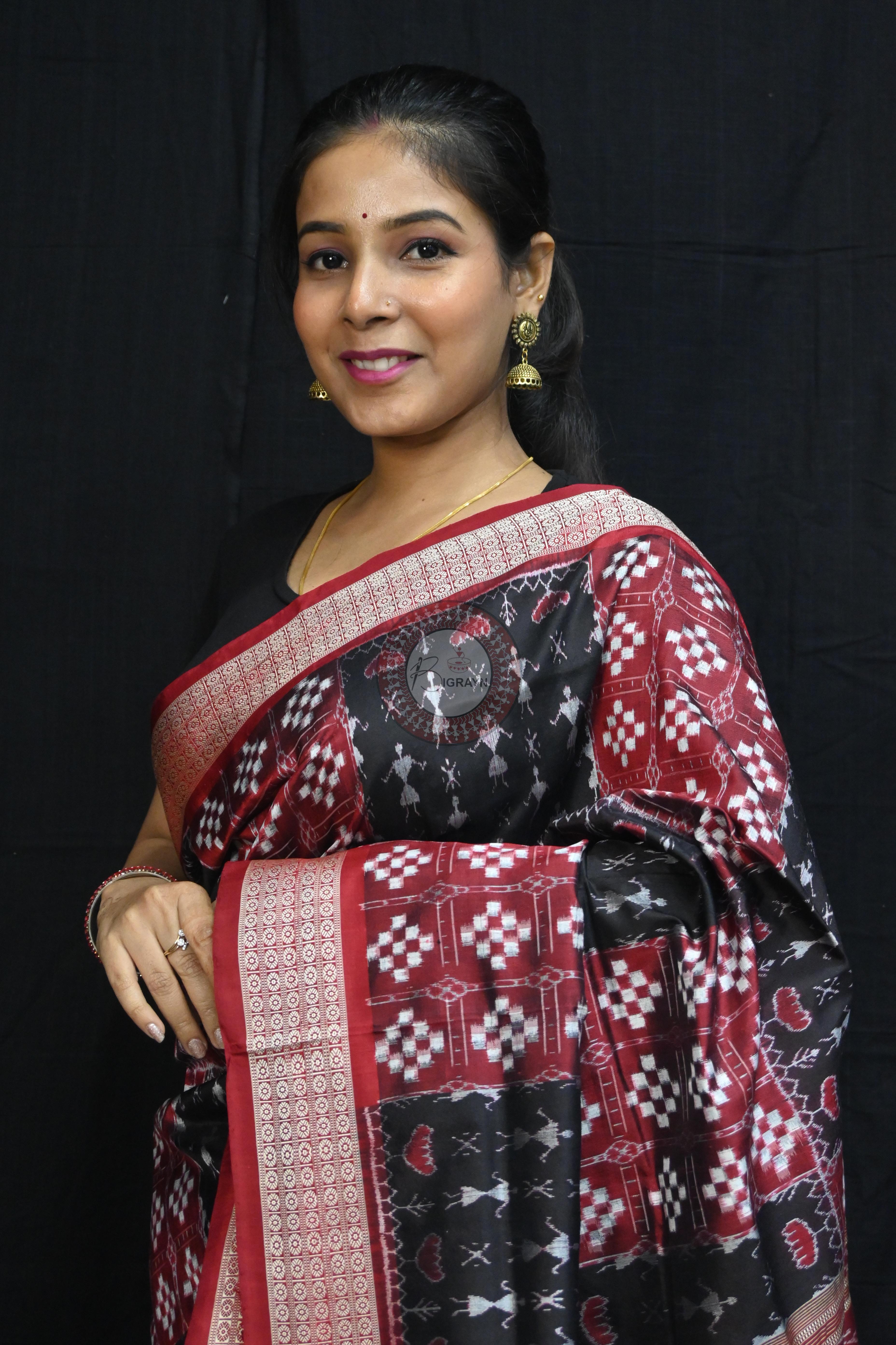 Red Black Pasapali And Tribal Sambalpuri Silk Saree