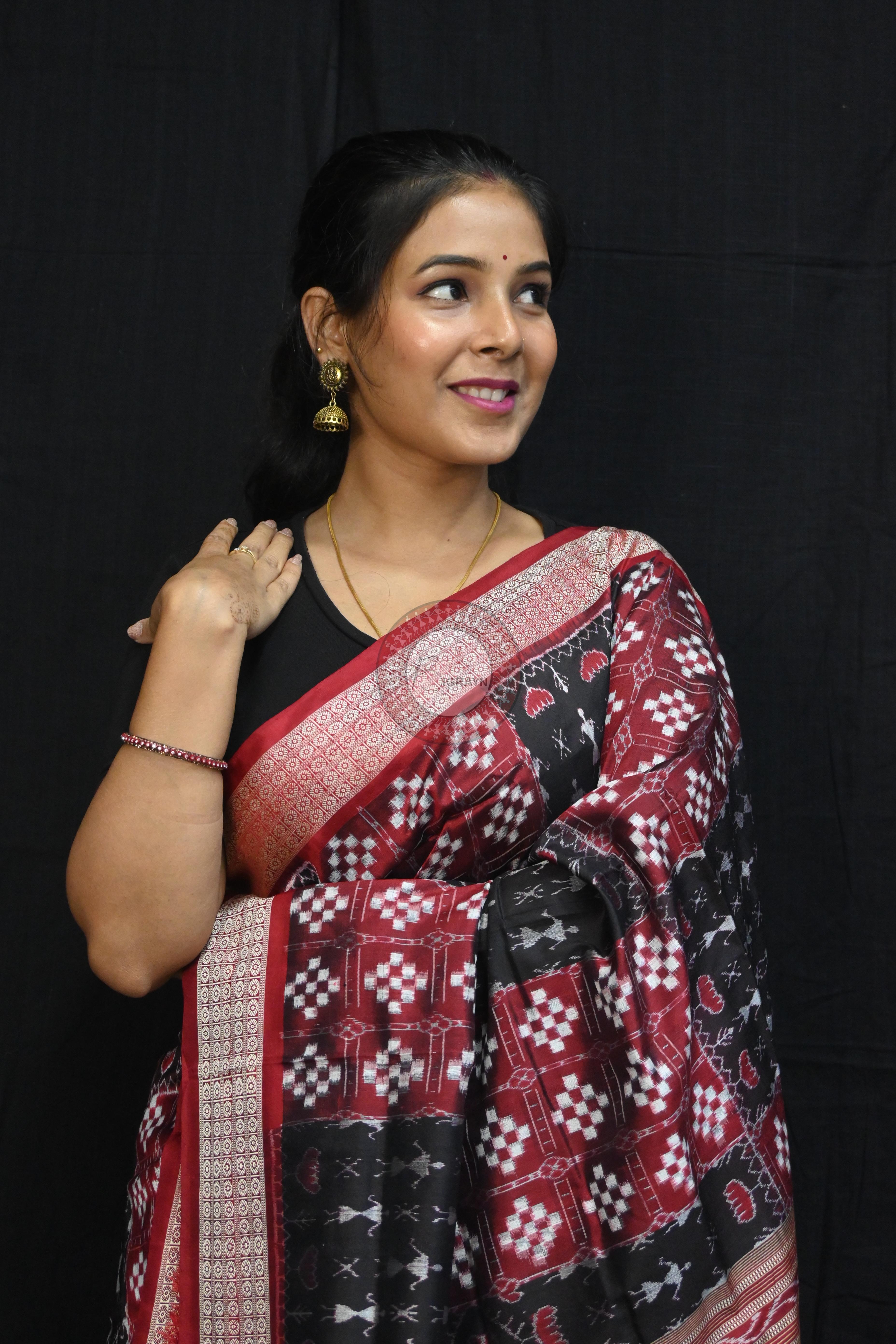 Red Black Pasapali And Tribal Sambalpuri Silk Saree