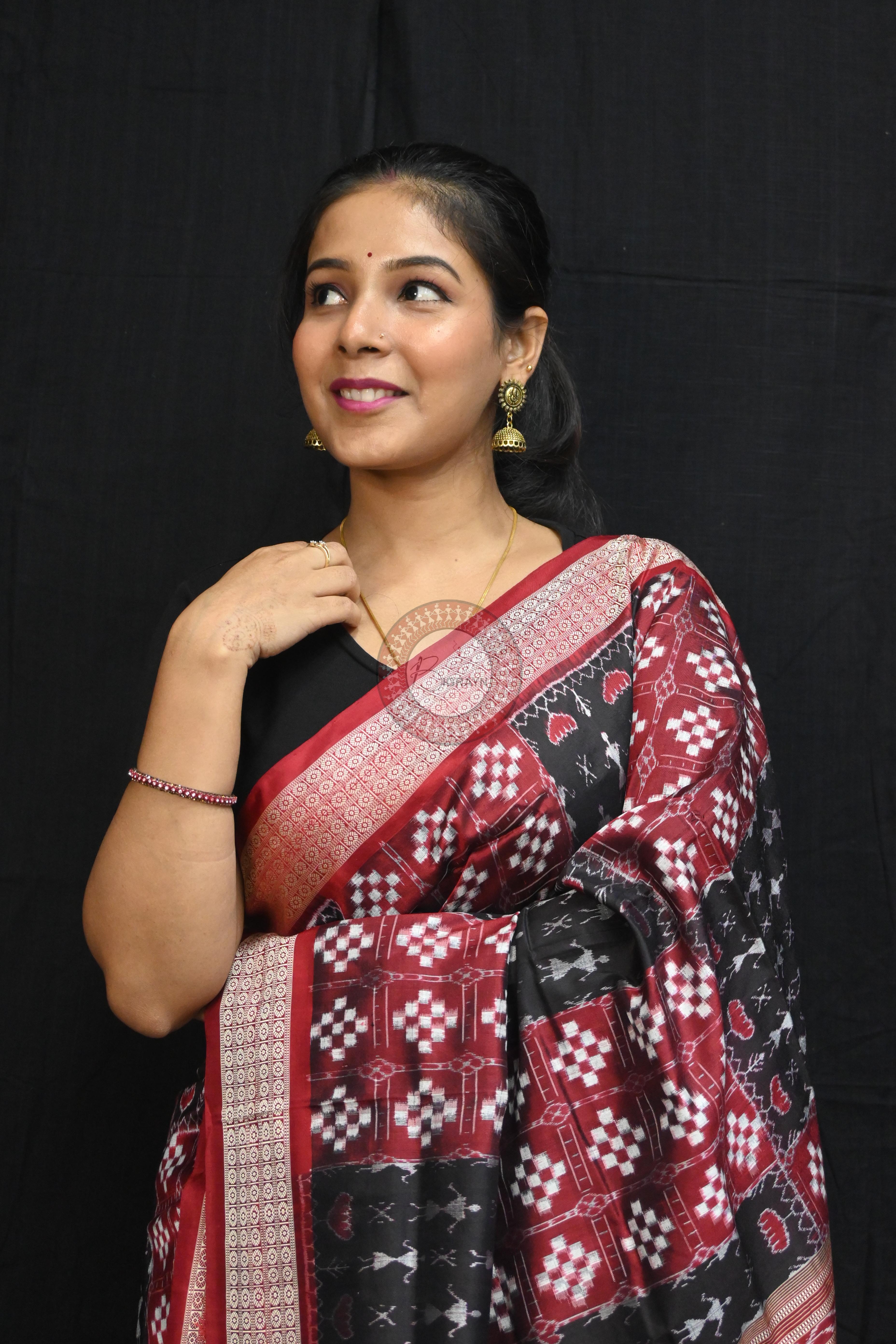 Red Black Pasapali And Tribal Sambalpuri Silk Saree