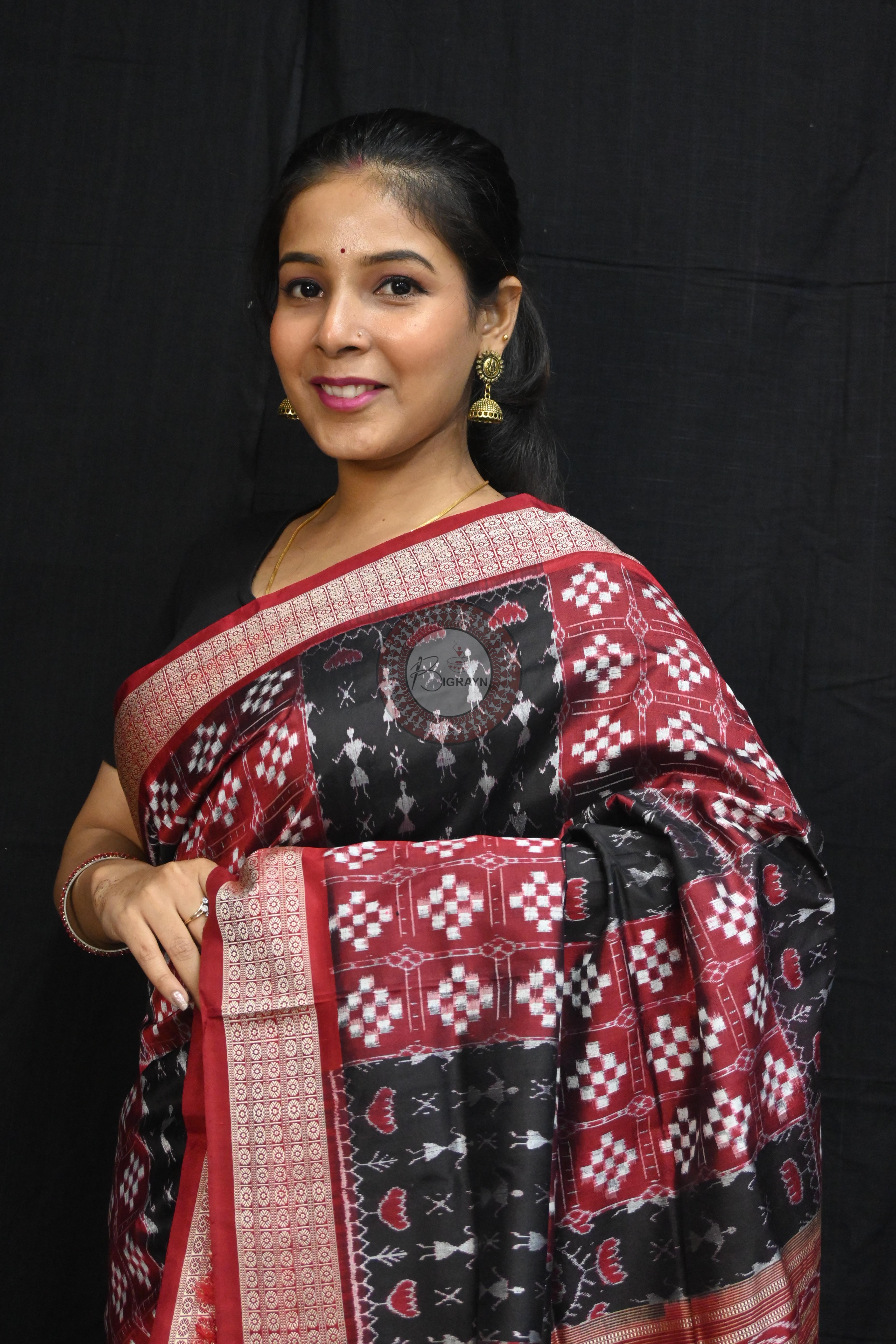 Red Black Pasapali And Tribal Sambalpuri Silk Saree