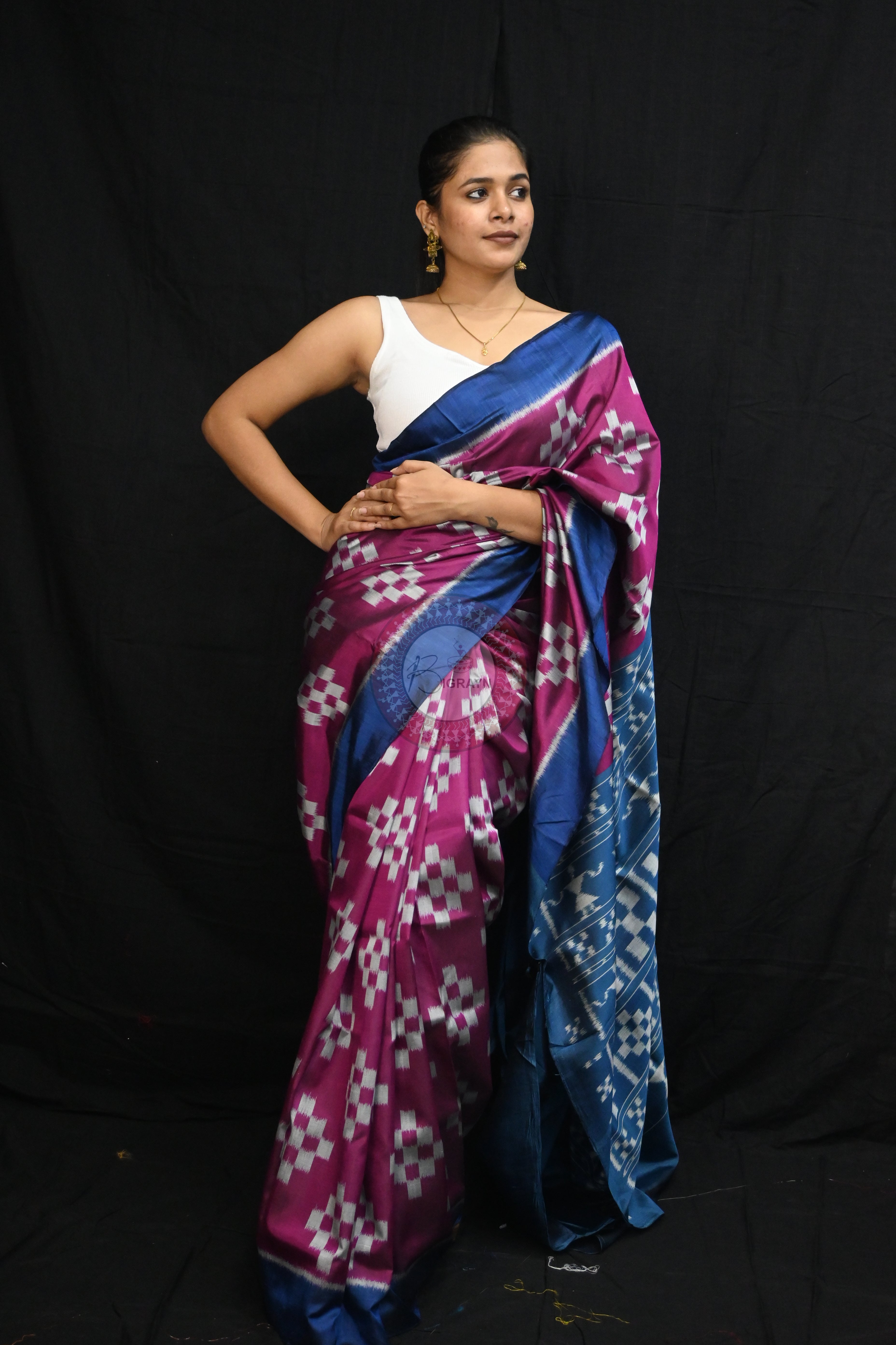 Magenta Teal Blue Body Pasapali Mulberry Silk Saree
