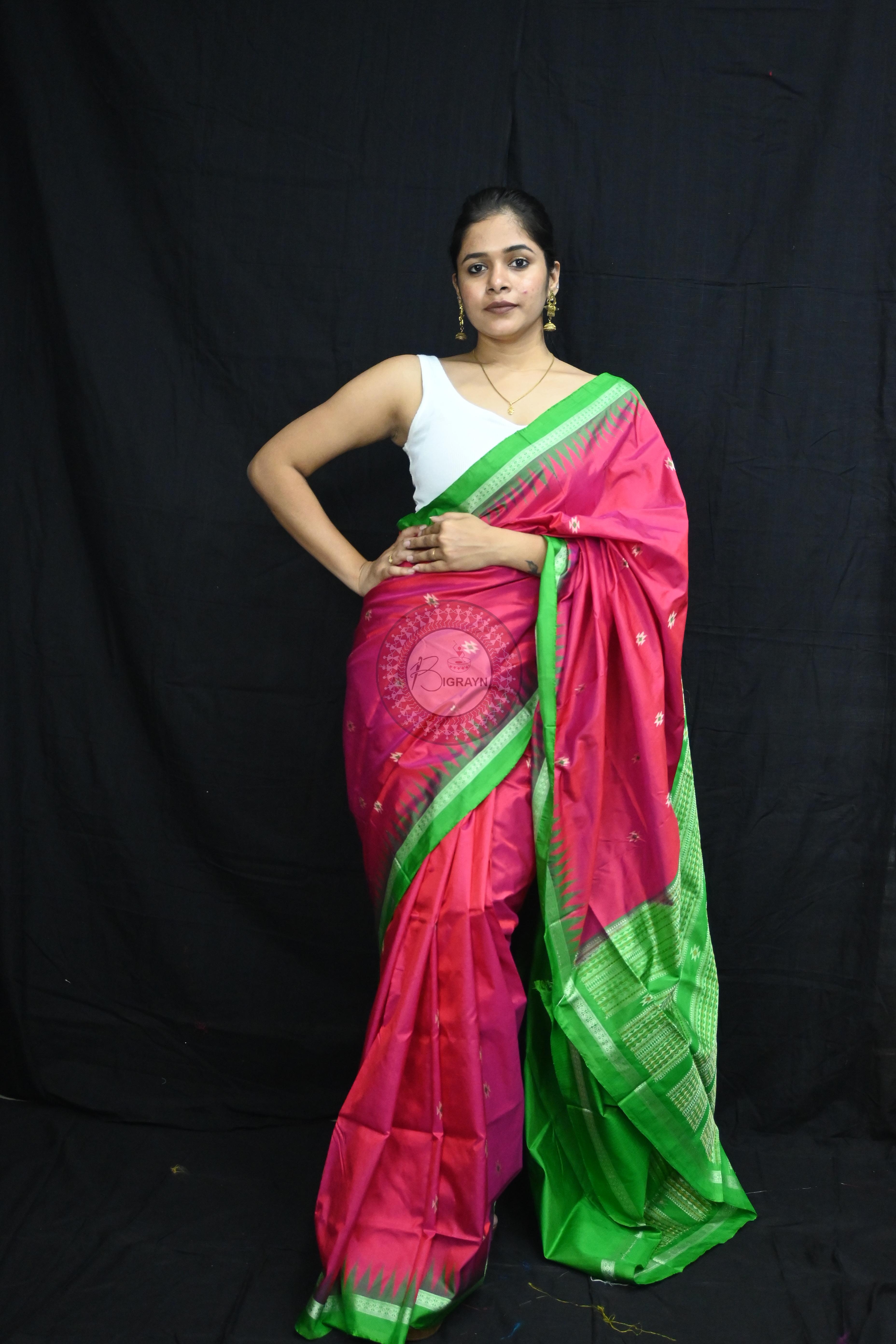 Magenta Green Dual Colour Firbi Bomkai Silk Saree