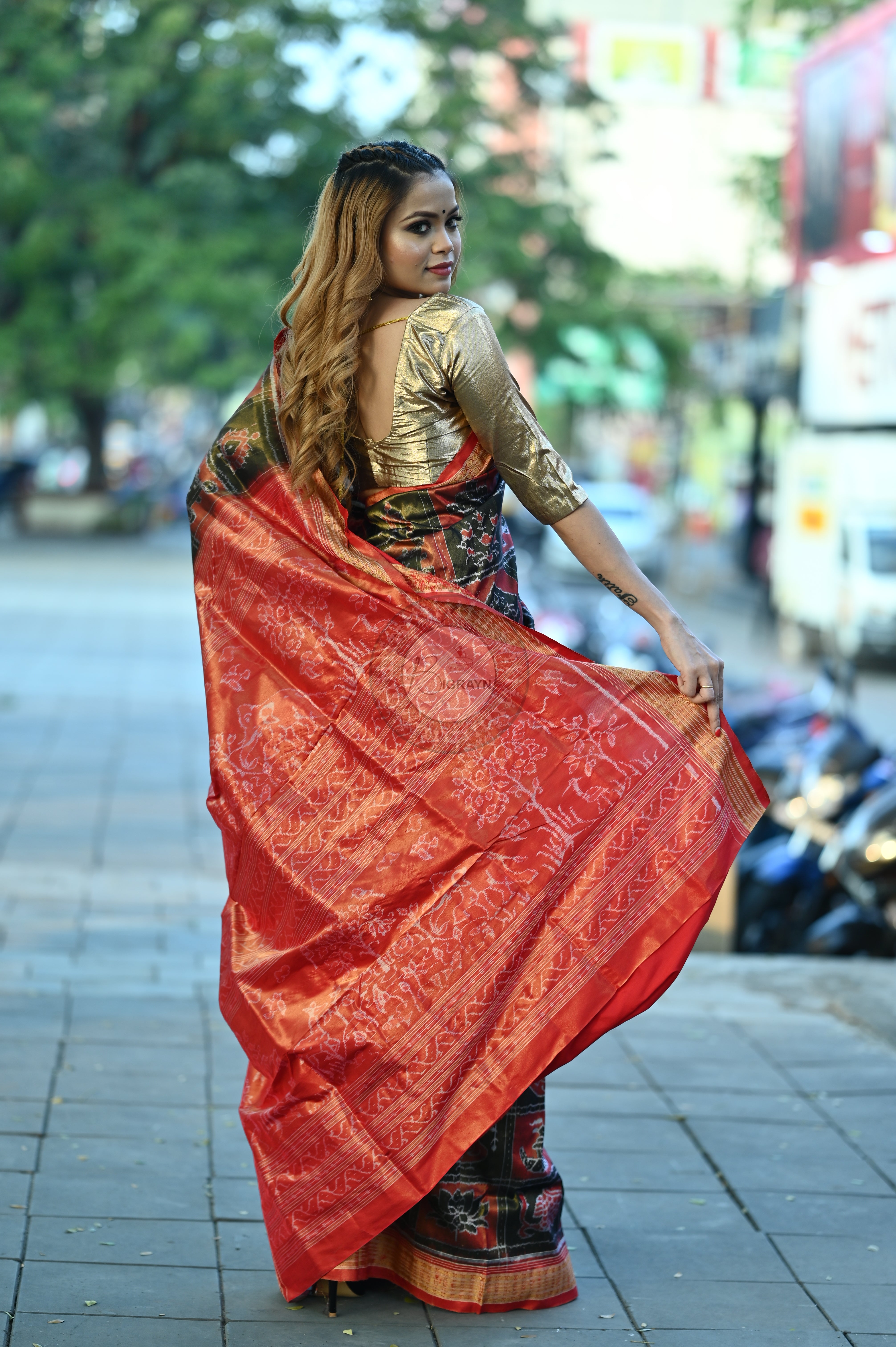 "Odisha Handloom Tissue Silk Saree with shimmering texture, elegant zari border, and lightweight drape, handcrafted by artisans"