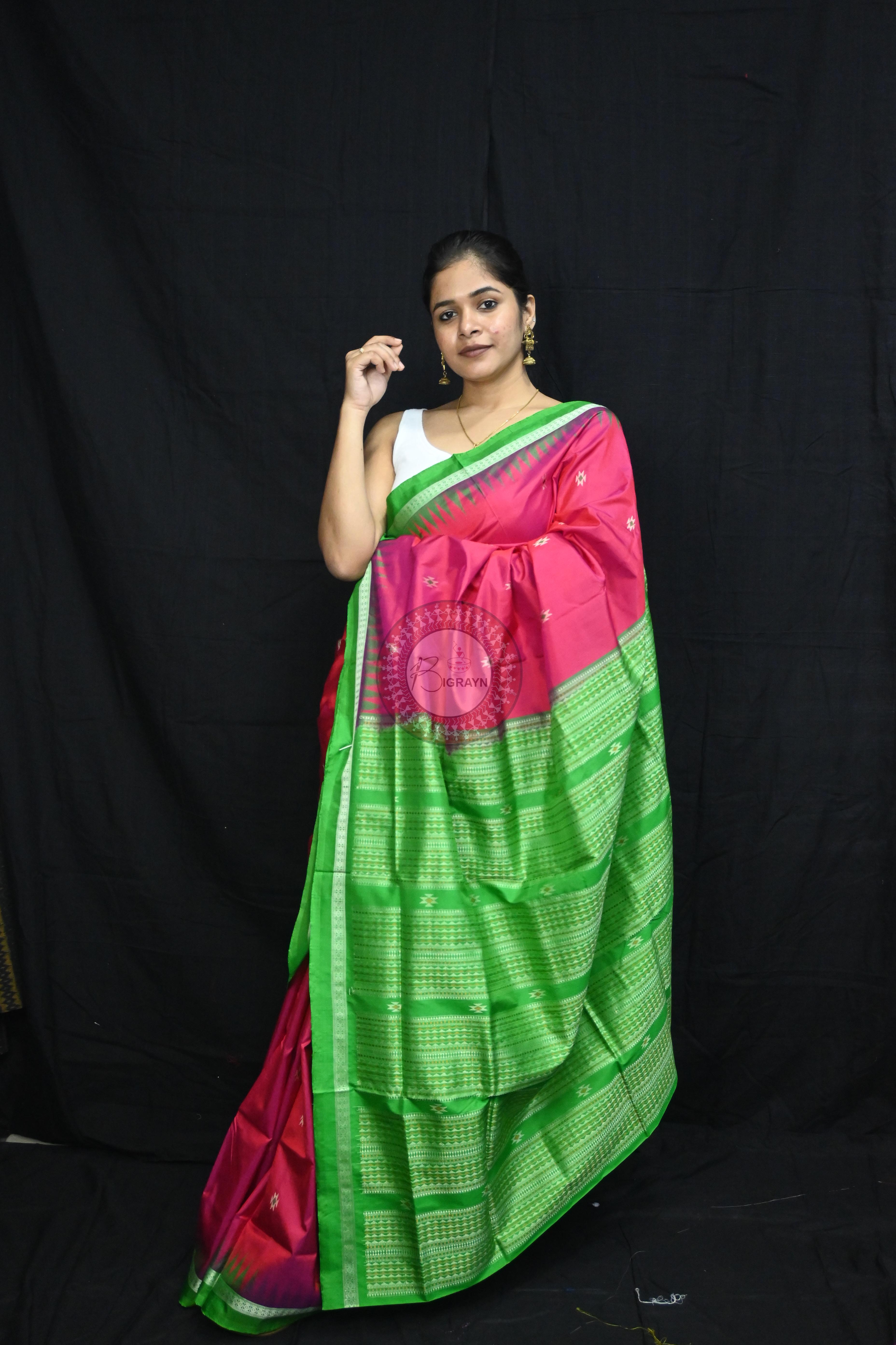 Magenta Green Dual Colour Firbi Bomkai Silk Saree