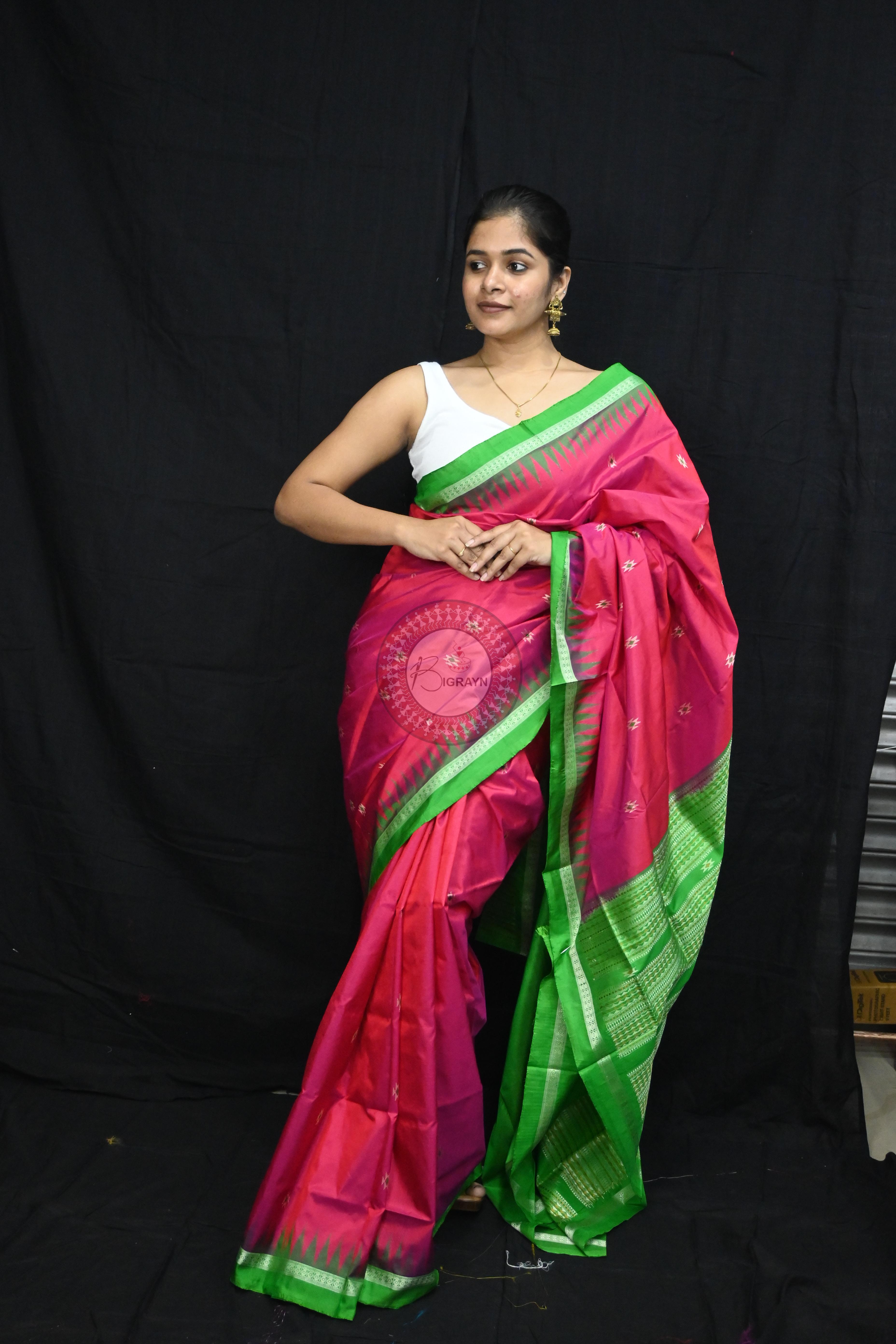 Magenta Green Dual Colour Firbi Bomkai Silk Saree