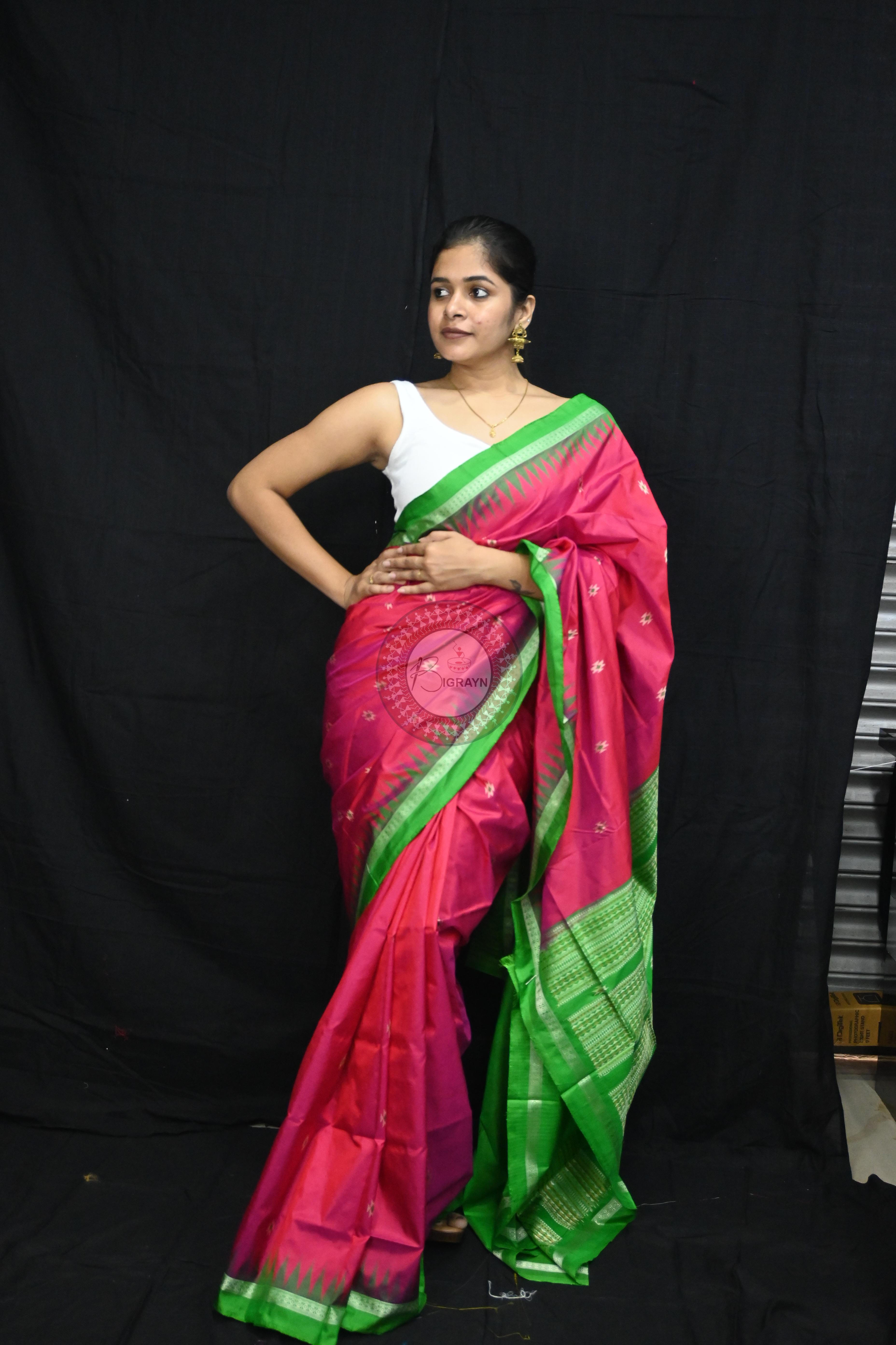 Magenta Green Dual Colour Firbi Bomkai Silk Saree