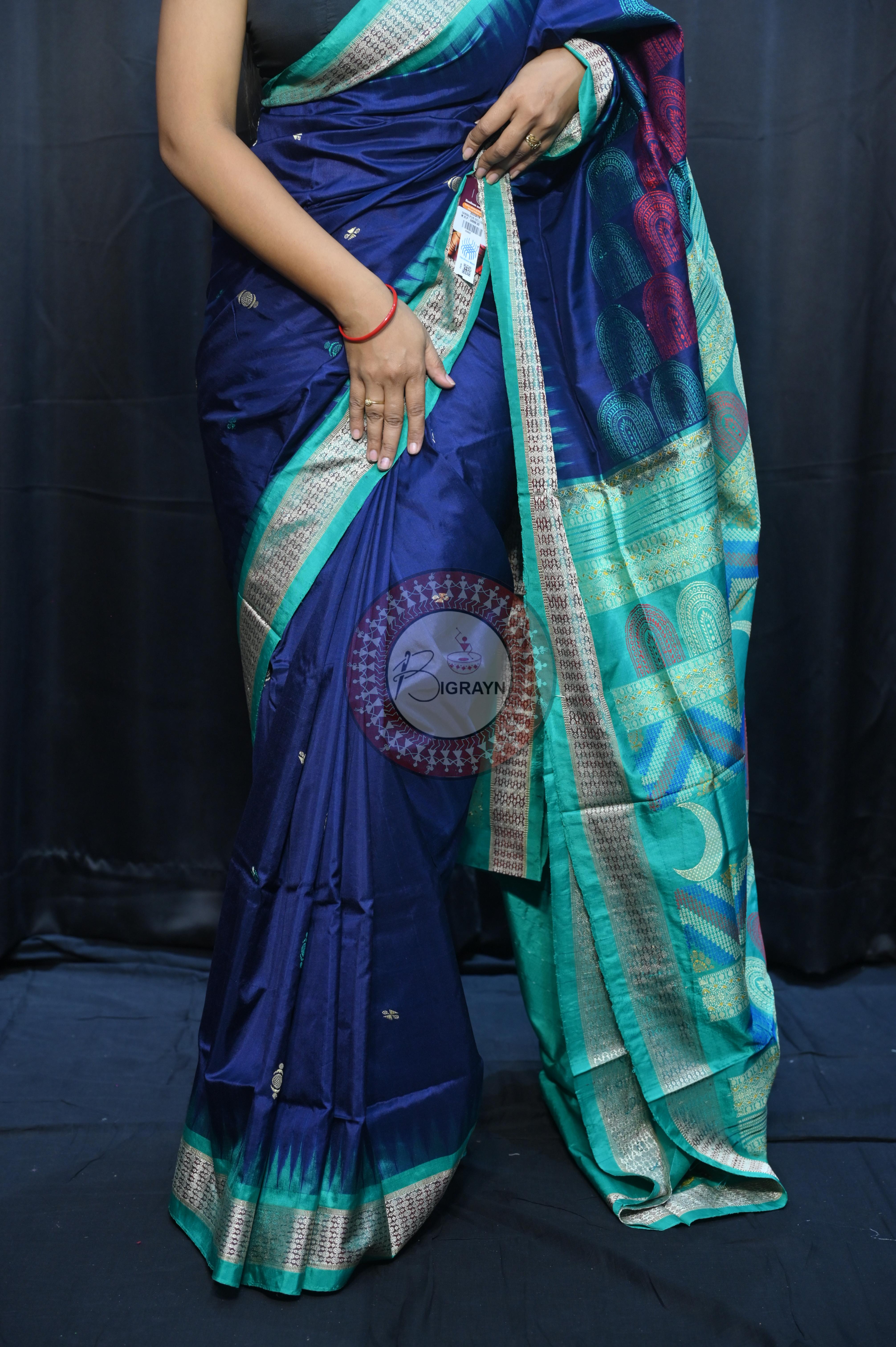 Teal Blue Sea Green Chandrama Exclusive Sambalpuri Silk Saree