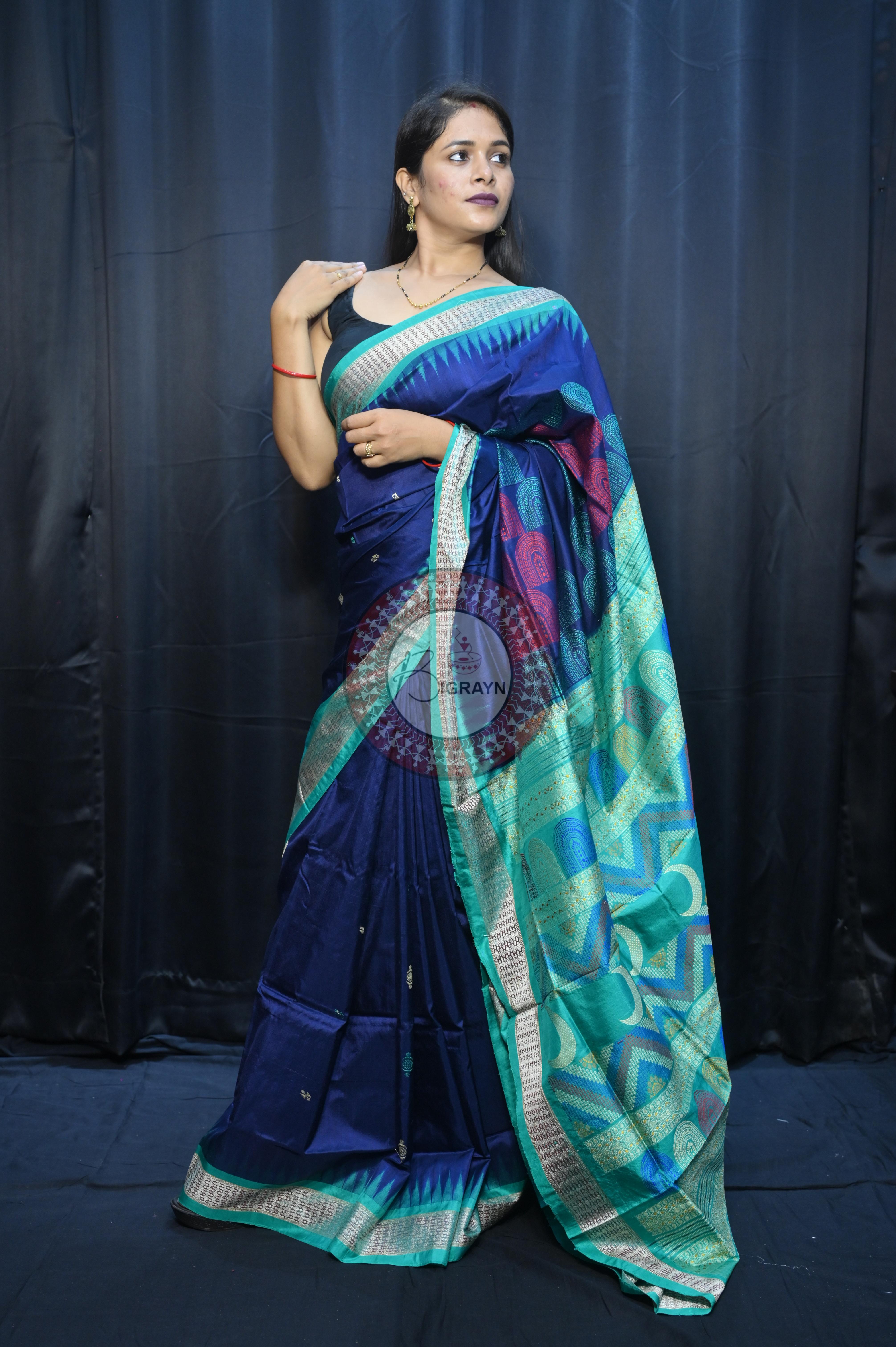 Teal Blue Sea Green Chandrama Exclusive Sambalpuri Silk Saree
