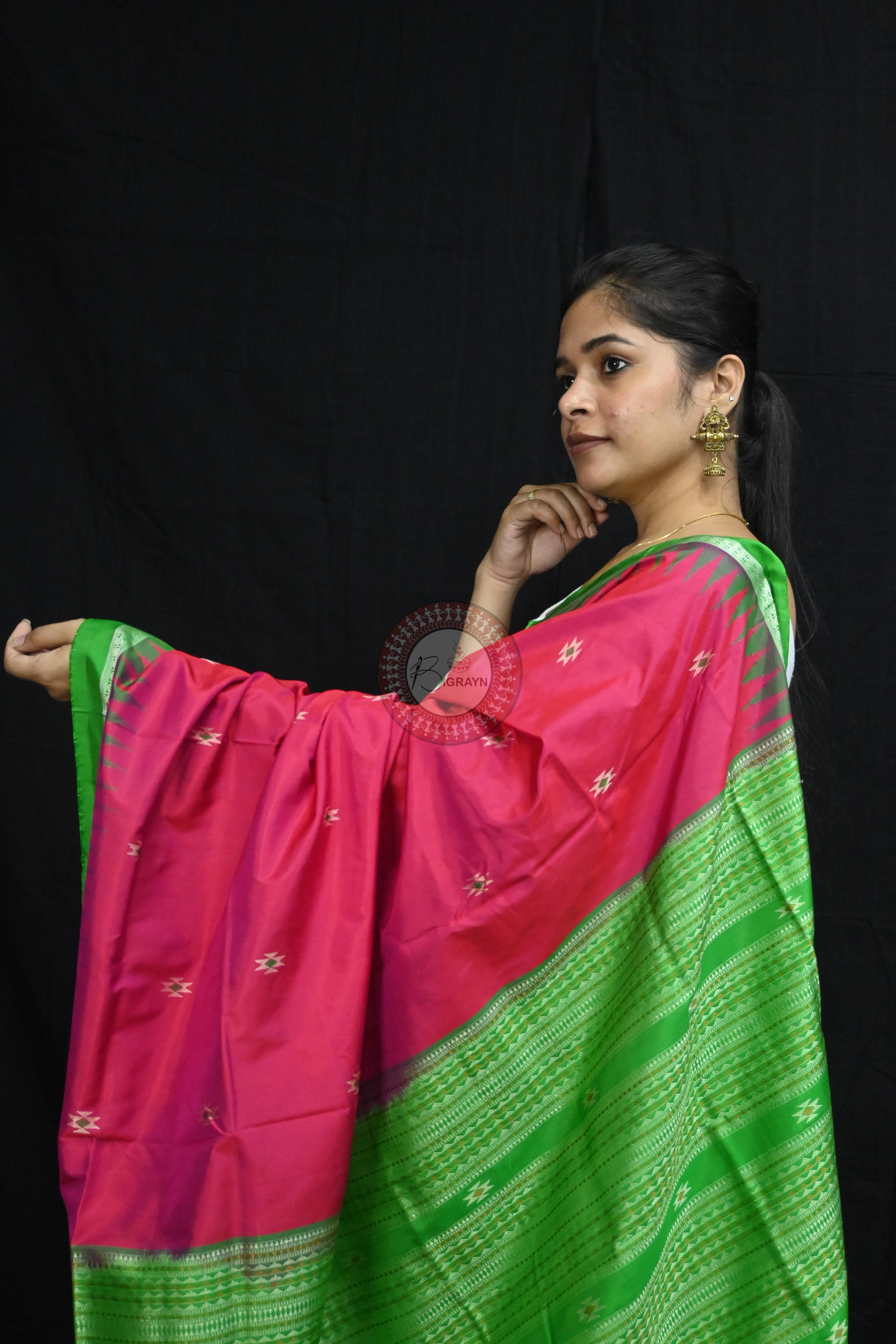 Magenta Green Dual Colour Firbi Bomkai Silk Saree