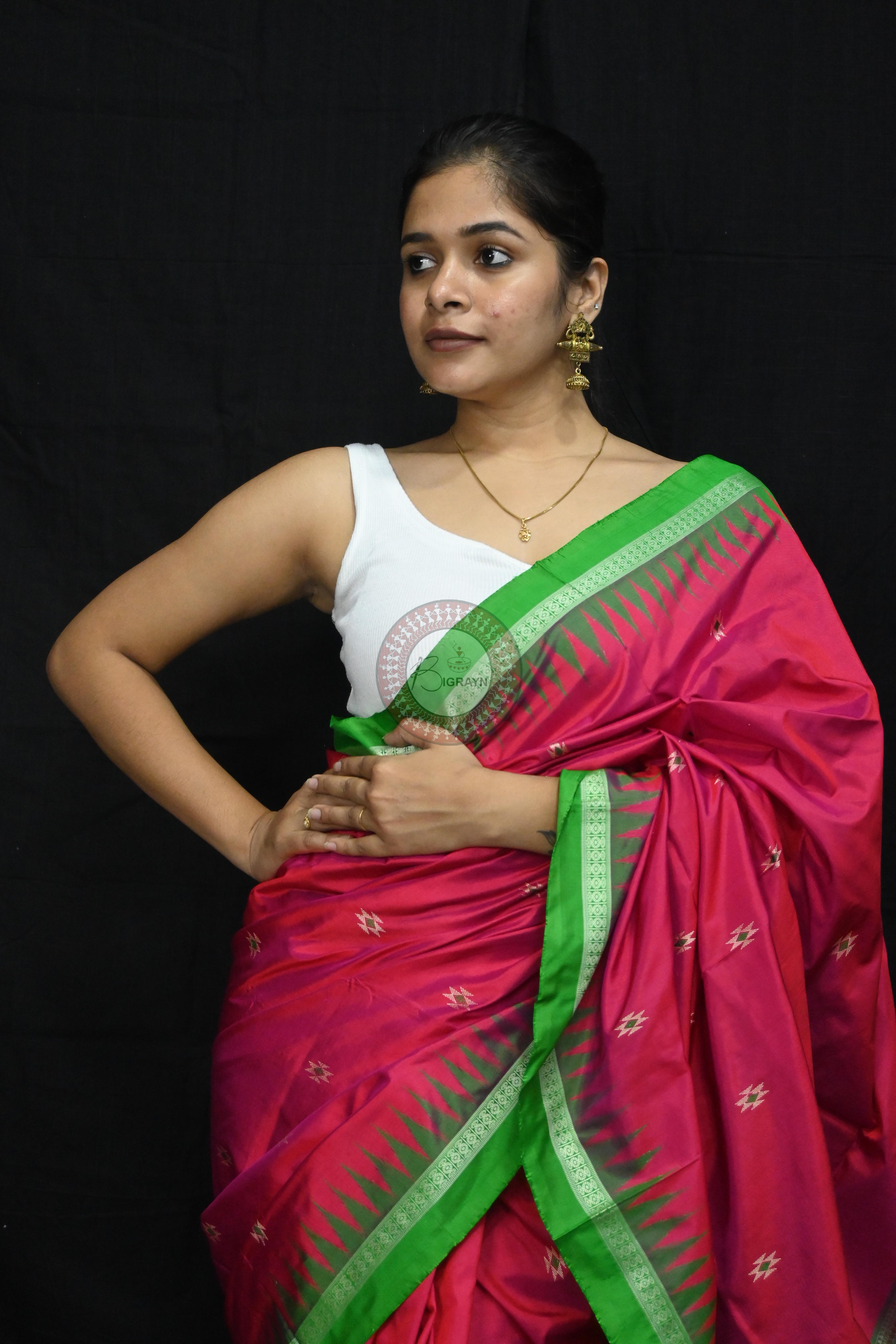 Magenta Green Dual Colour Firbi Bomkai Silk Saree