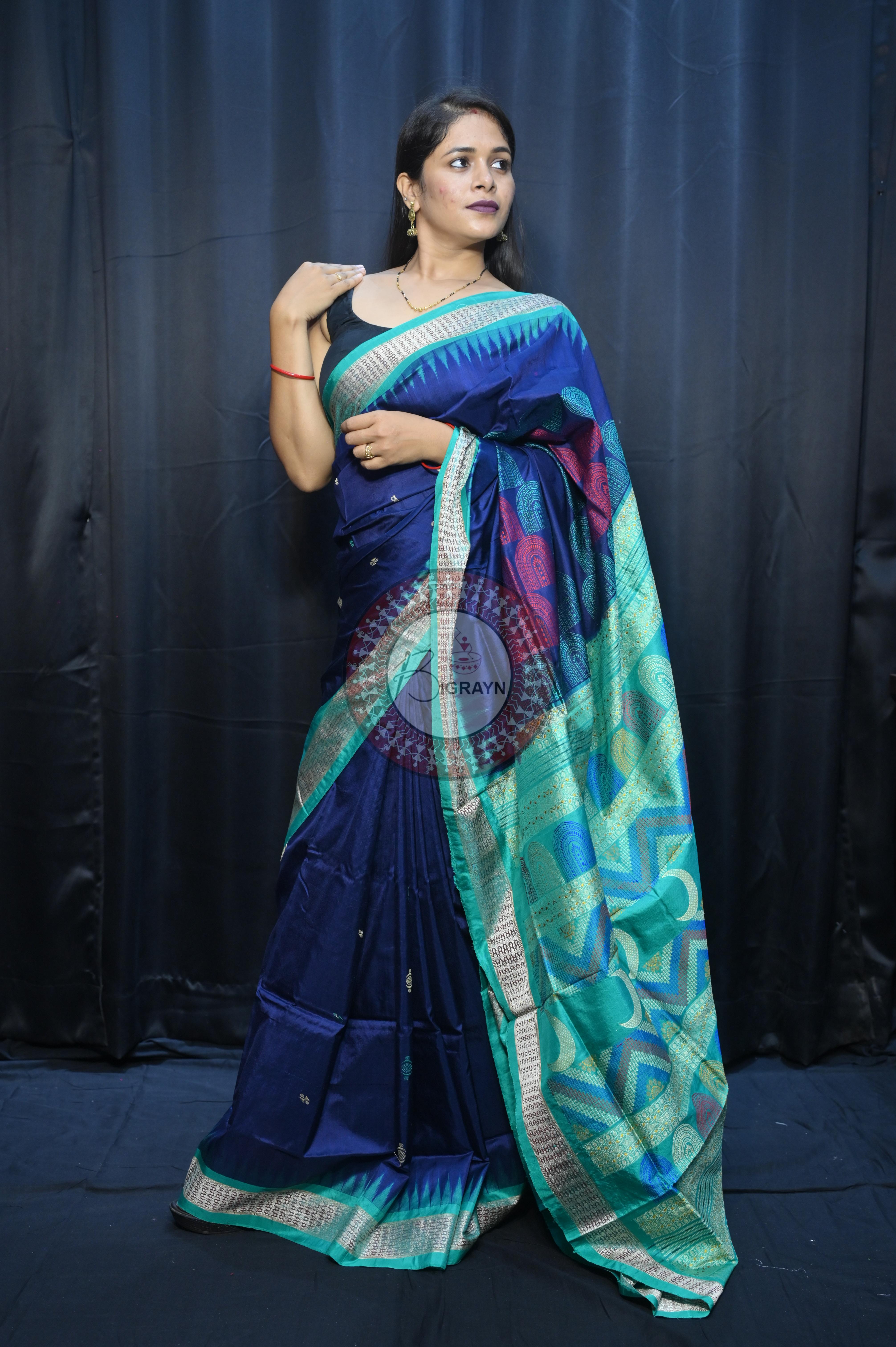 Teal Blue Sea Green Chandrama Exclusive Sambalpuri Silk Saree
