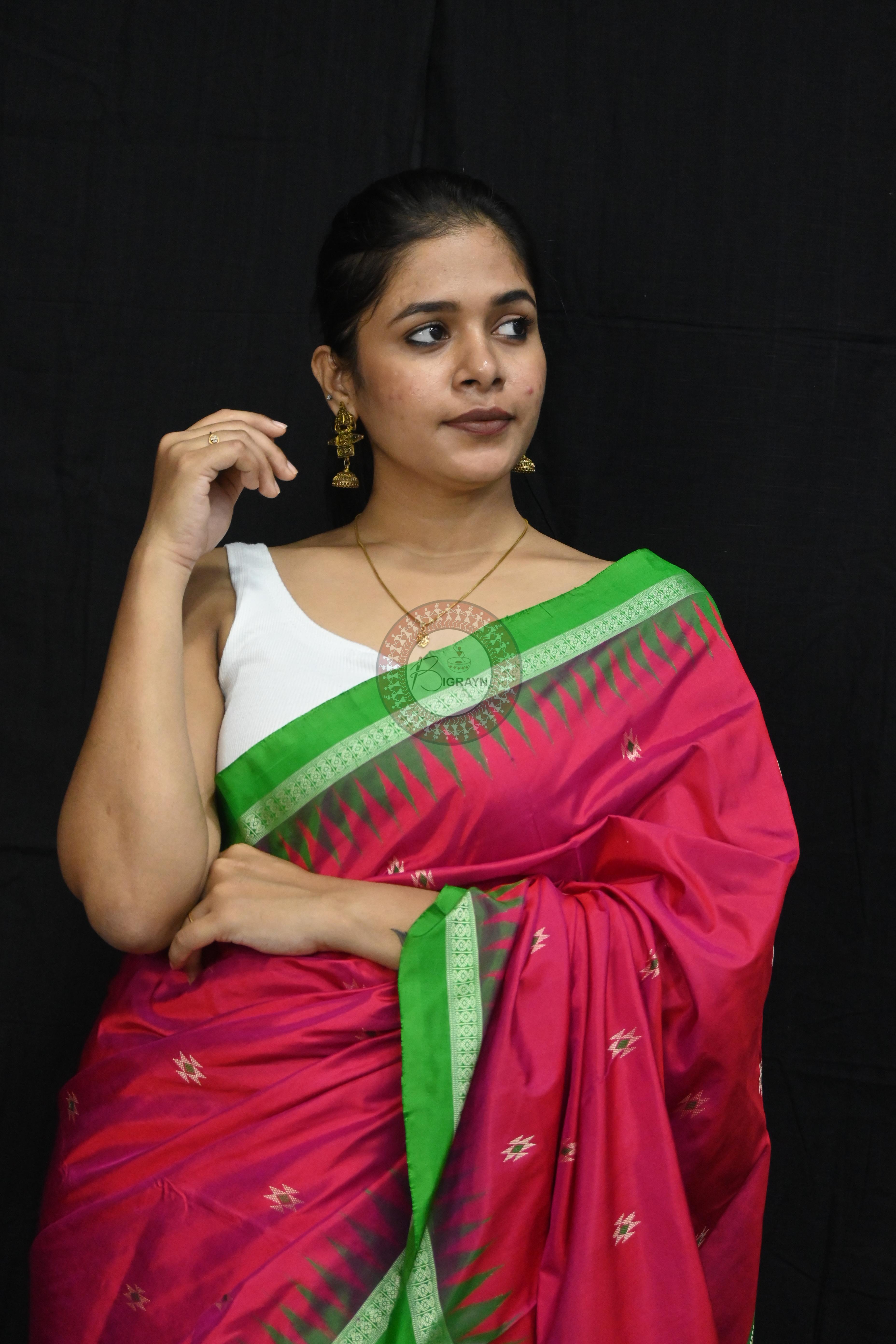 Magenta Green Dual Colour Firbi Bomkai Silk Saree
