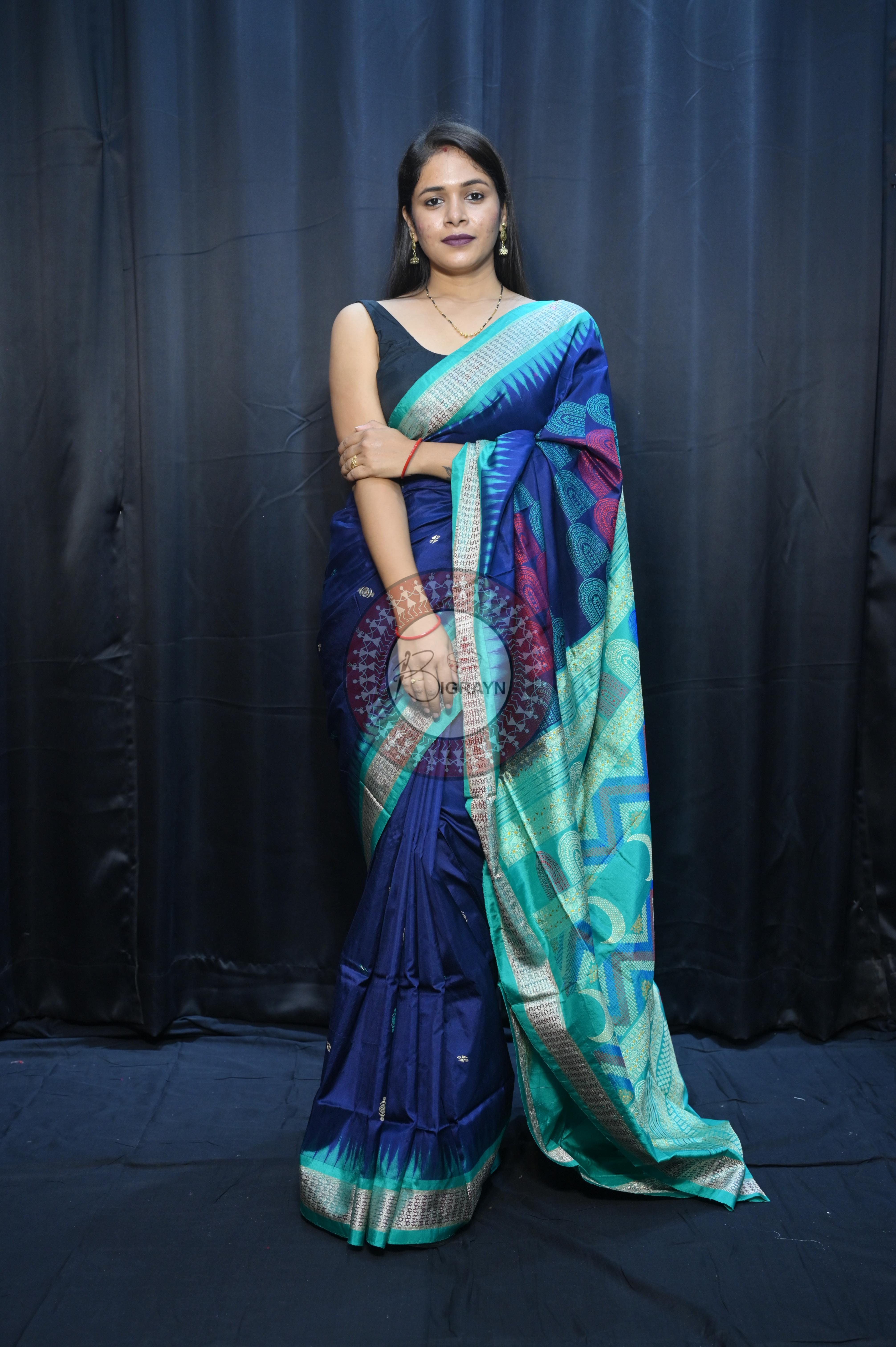 Teal Blue Sea Green Chandrama Exclusive Sambalpuri Silk Saree