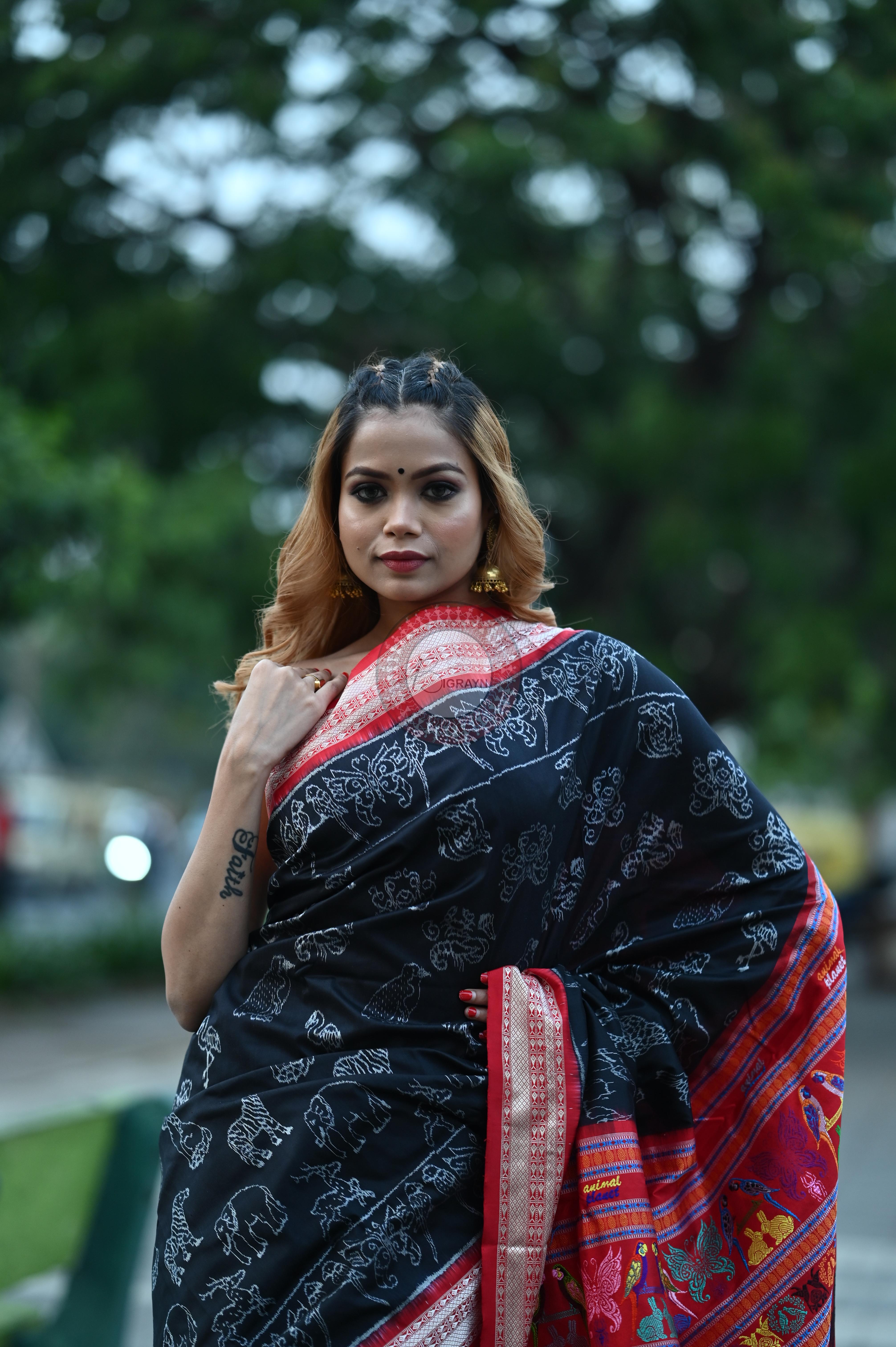 Black Animal Planet Sambalpuri Silk Saree