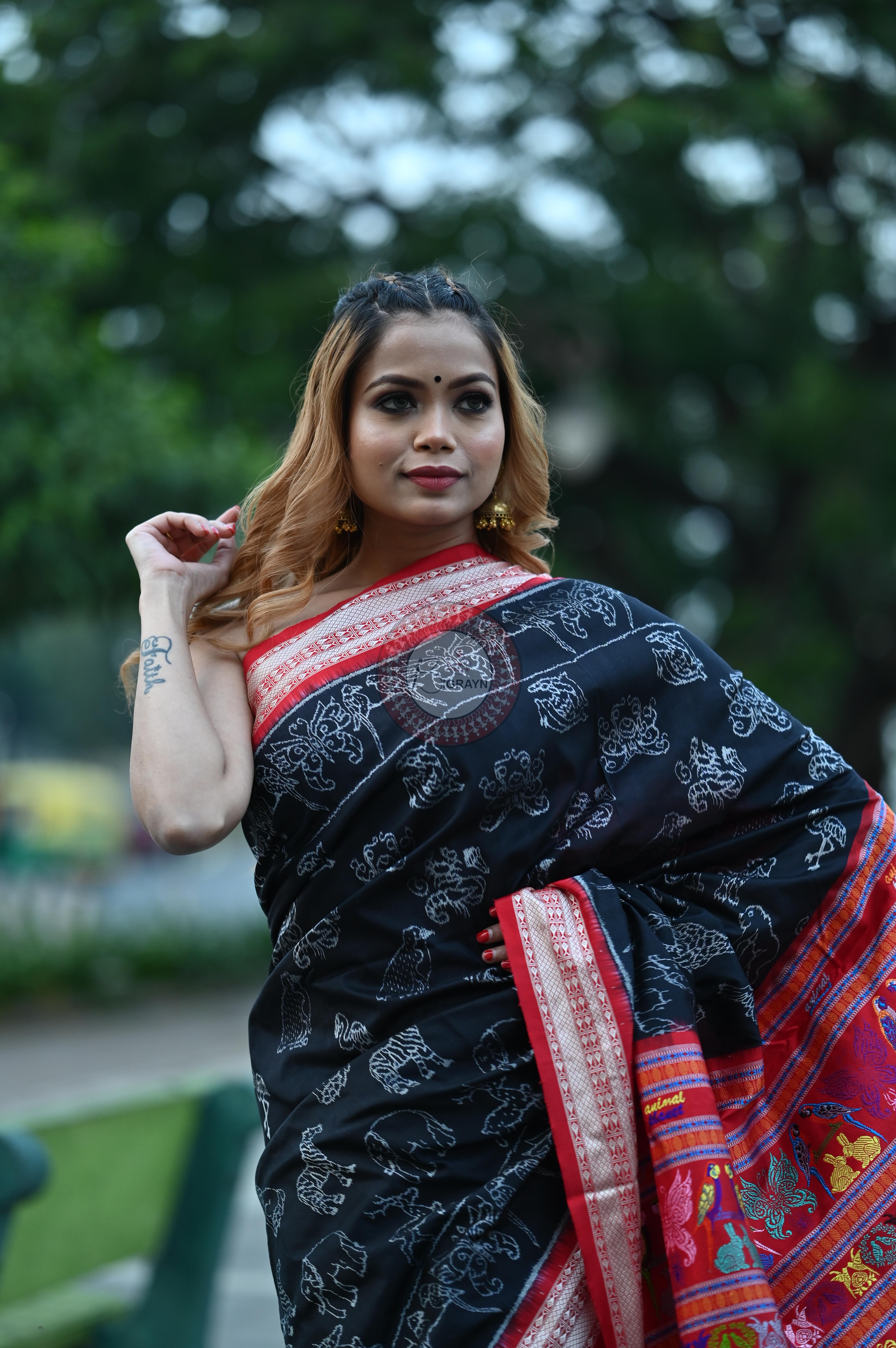 Black Animal Planet Sambalpuri Silk Saree