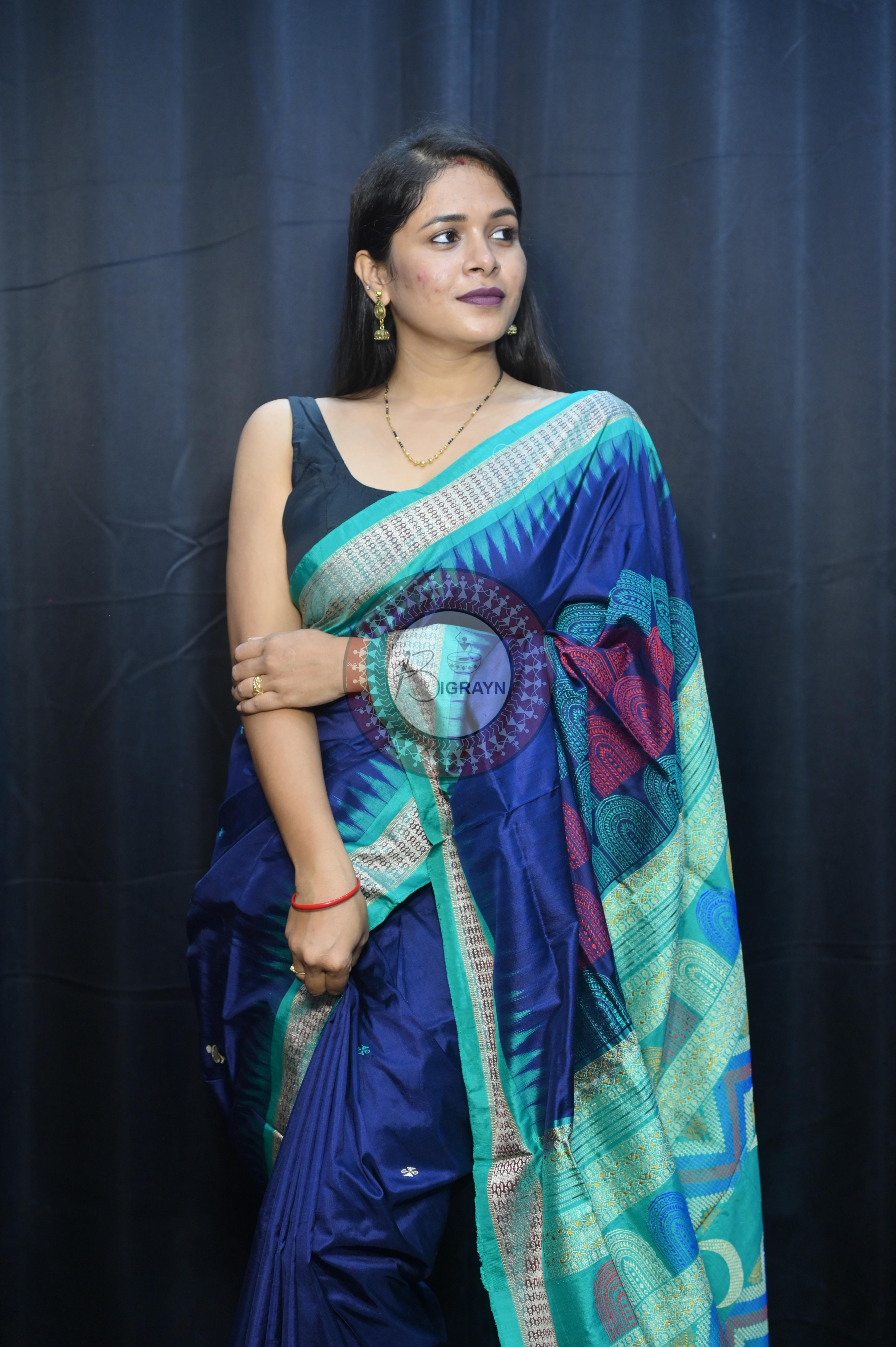 Teal Blue Sea Green Chandrama Exclusive Sambalpuri Silk Saree