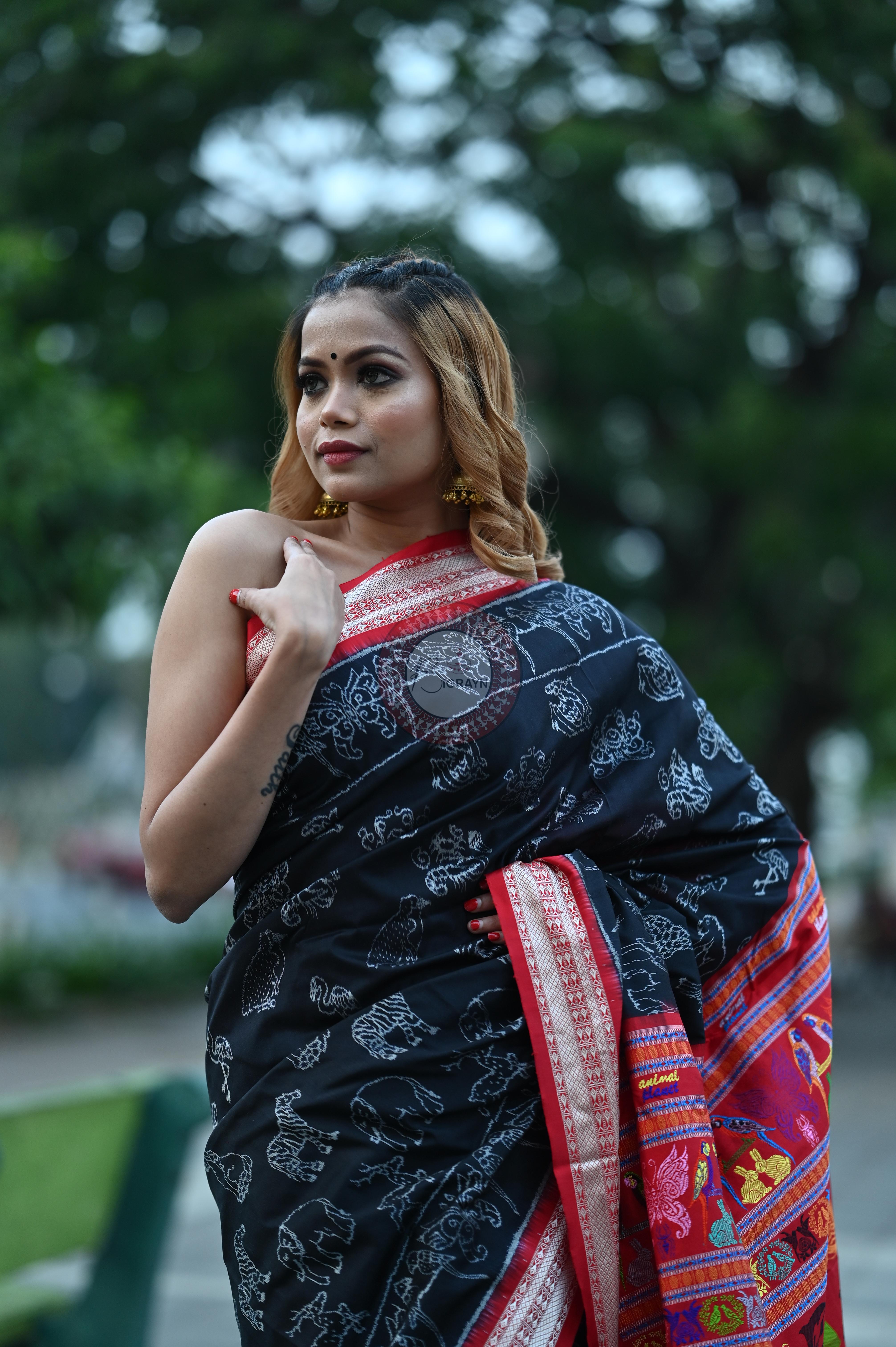 Black Animal Planet Sambalpuri Silk Saree