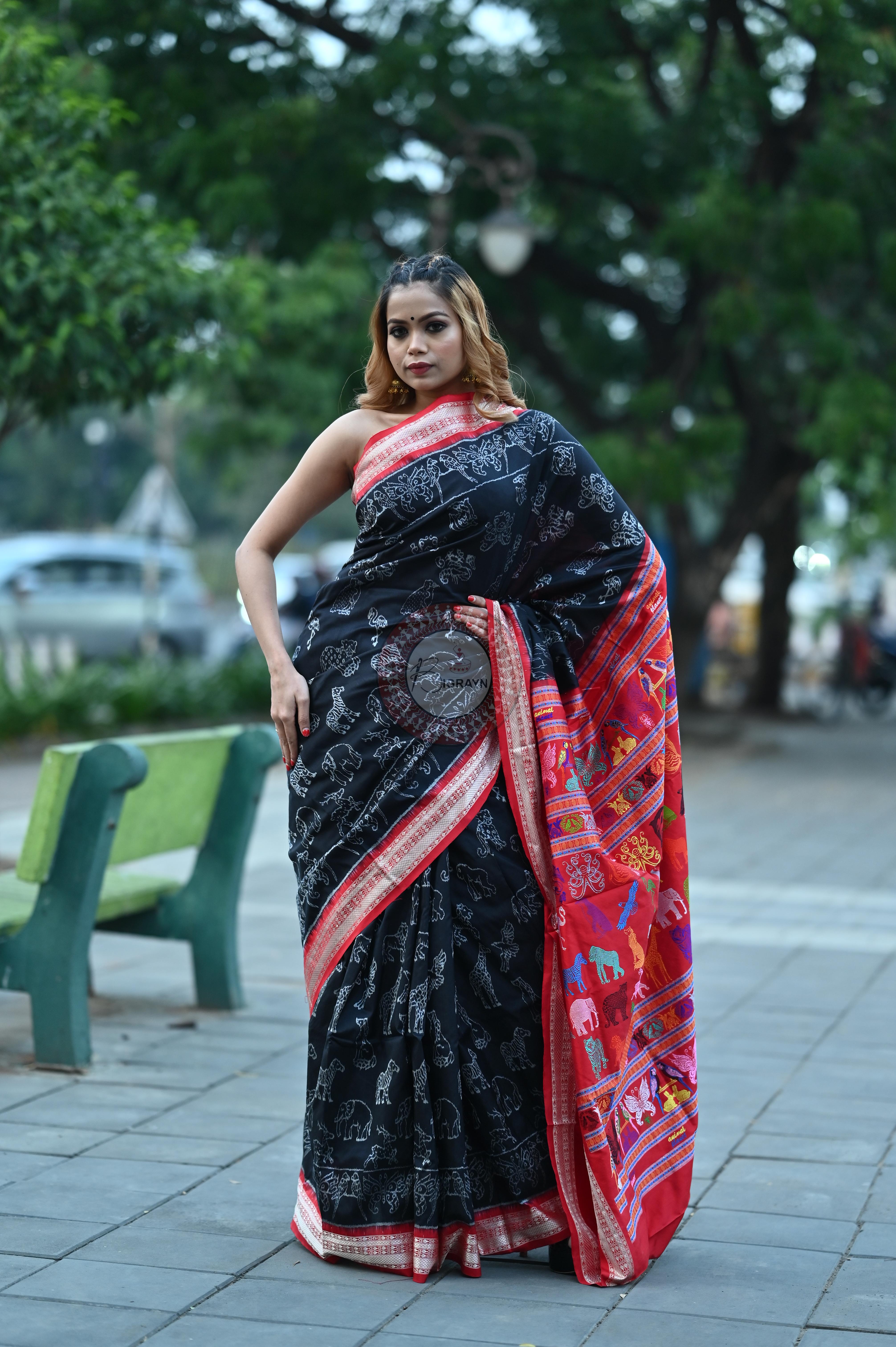 Black Animal Planet Sambalpuri Silk Saree