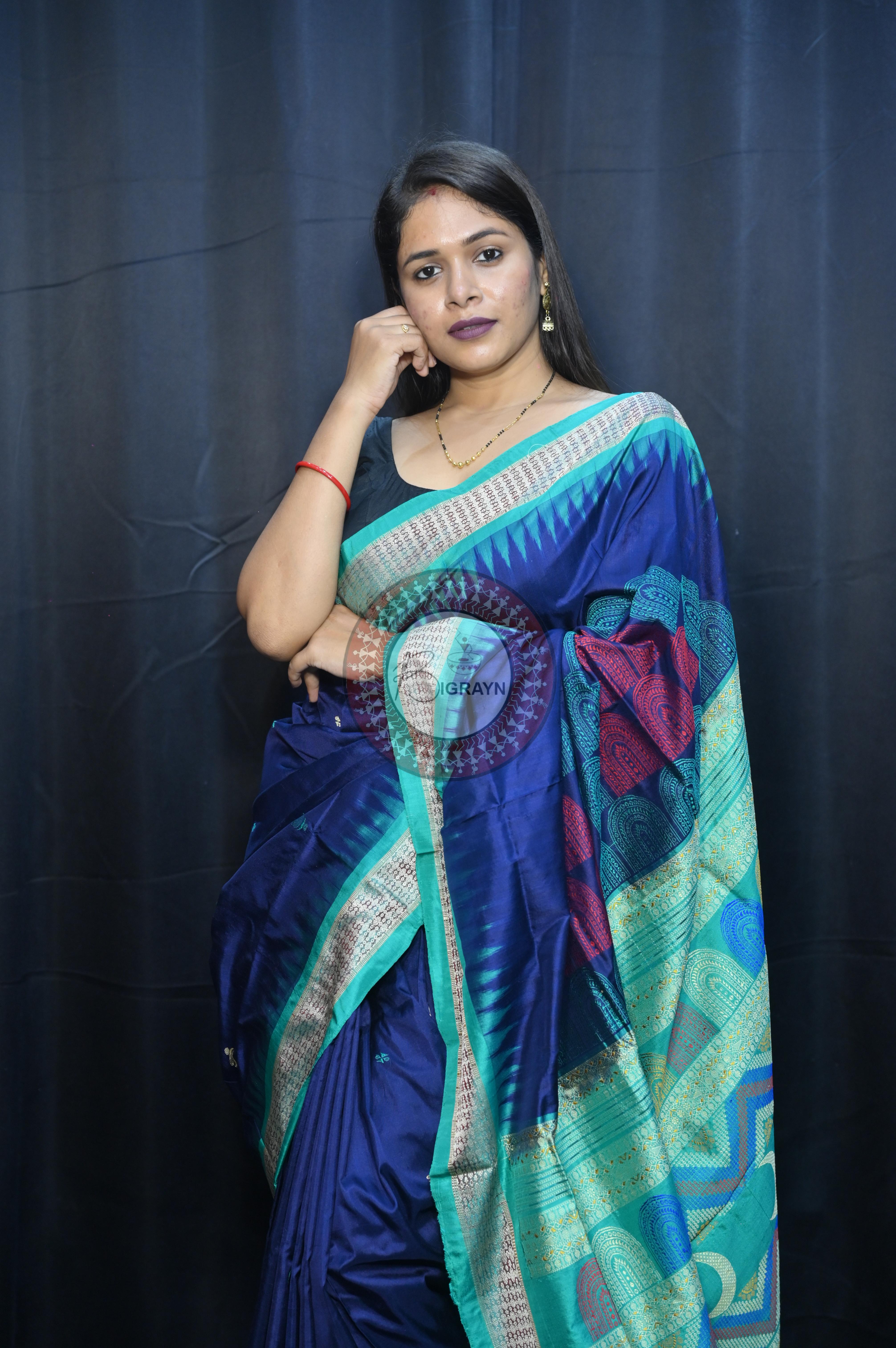 Teal Blue Sea Green Chandrama Exclusive Sambalpuri Silk Saree