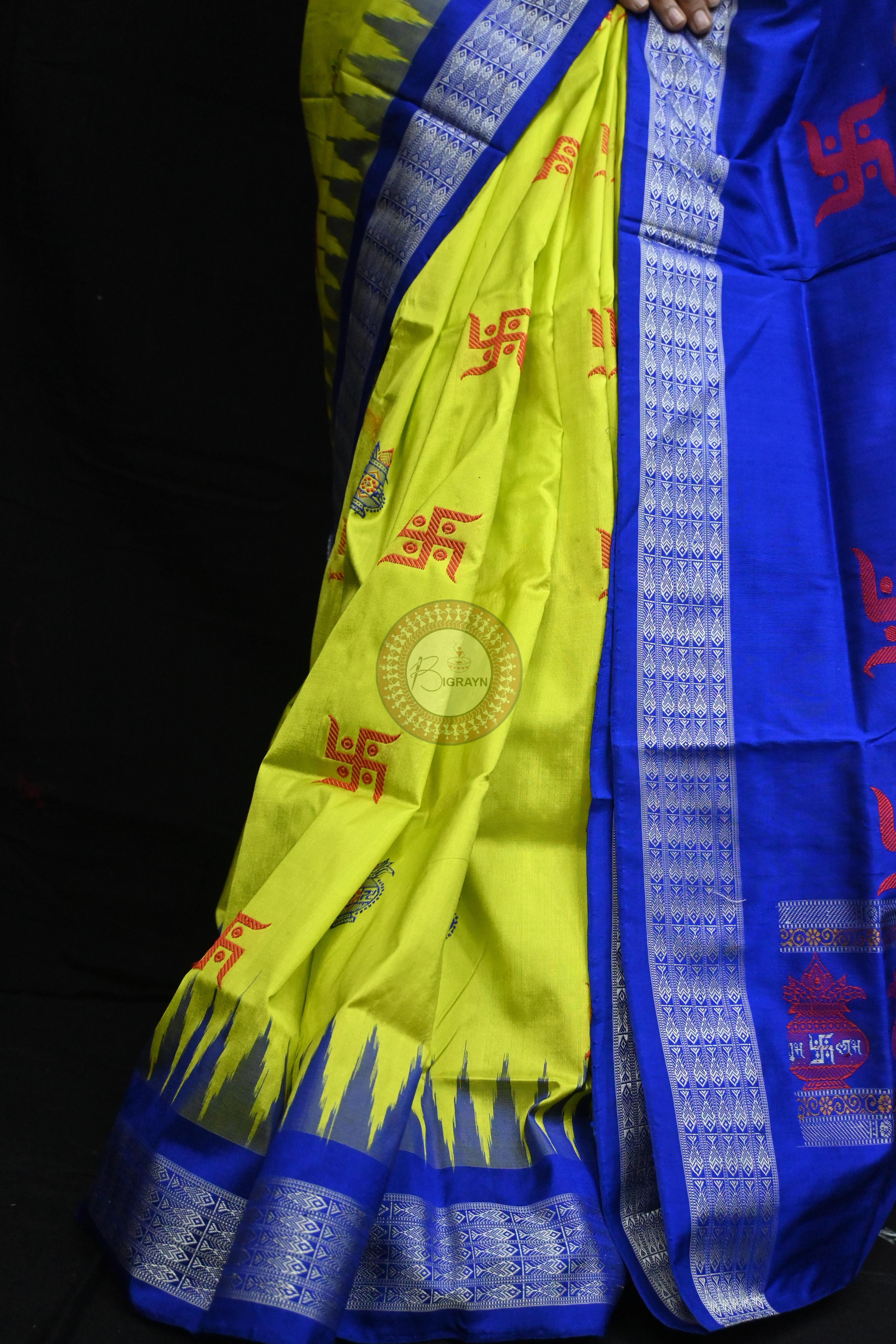 Lemon Yellow Blue Swastik Kalash Silk Saree
