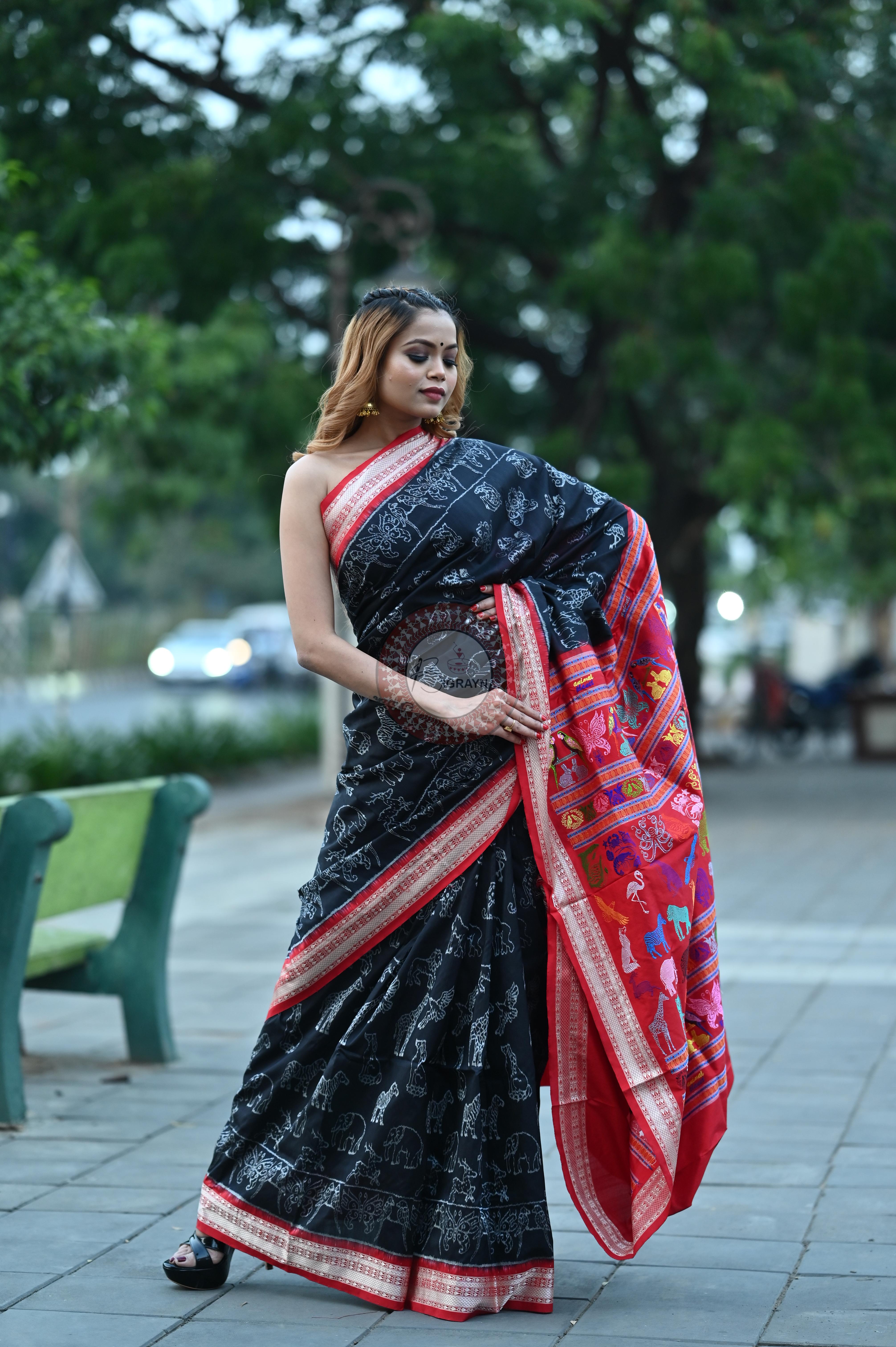 Black Animal Planet Sambalpuri Silk Saree