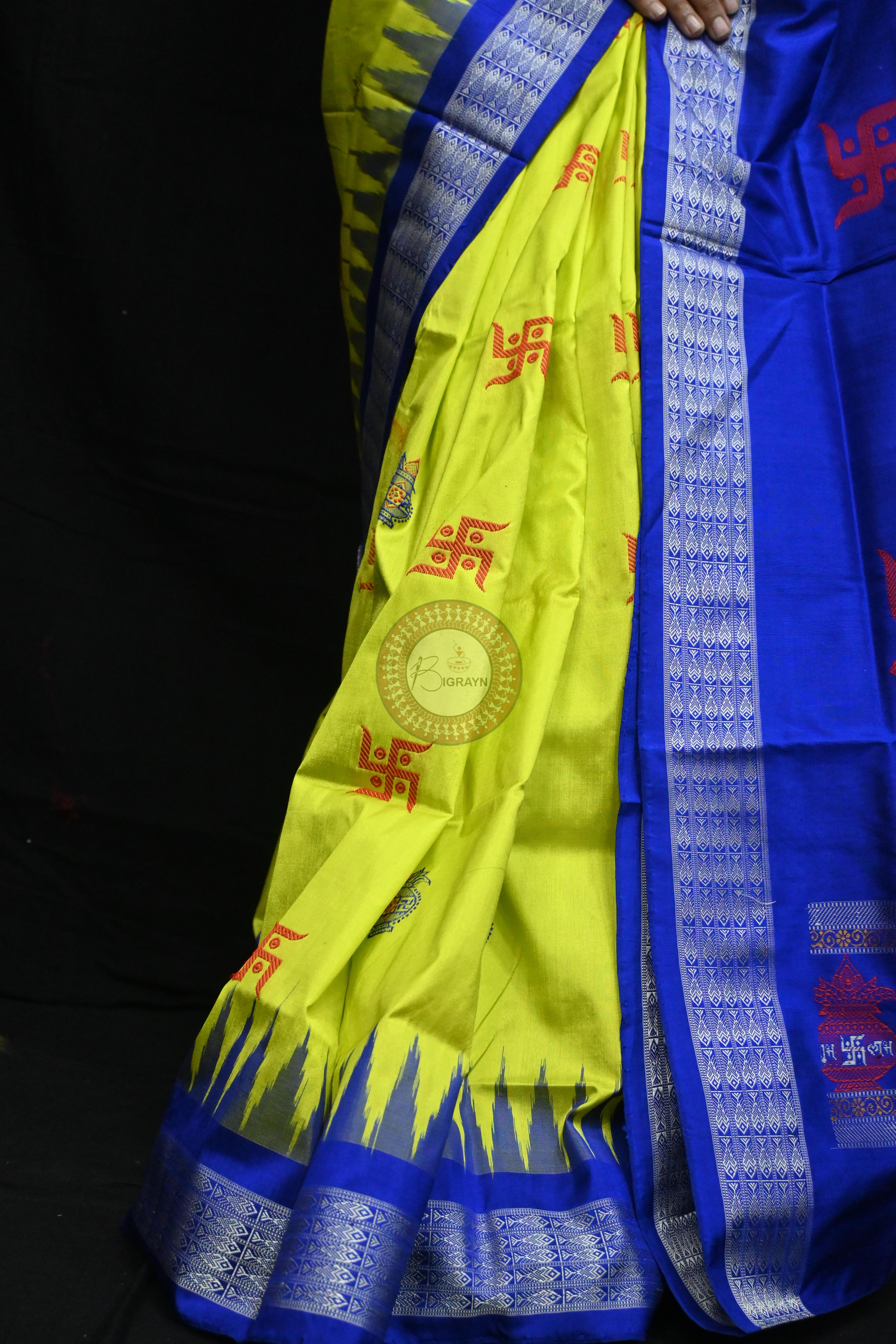 Lemon Yellow Blue Swastik Kalash Silk Saree