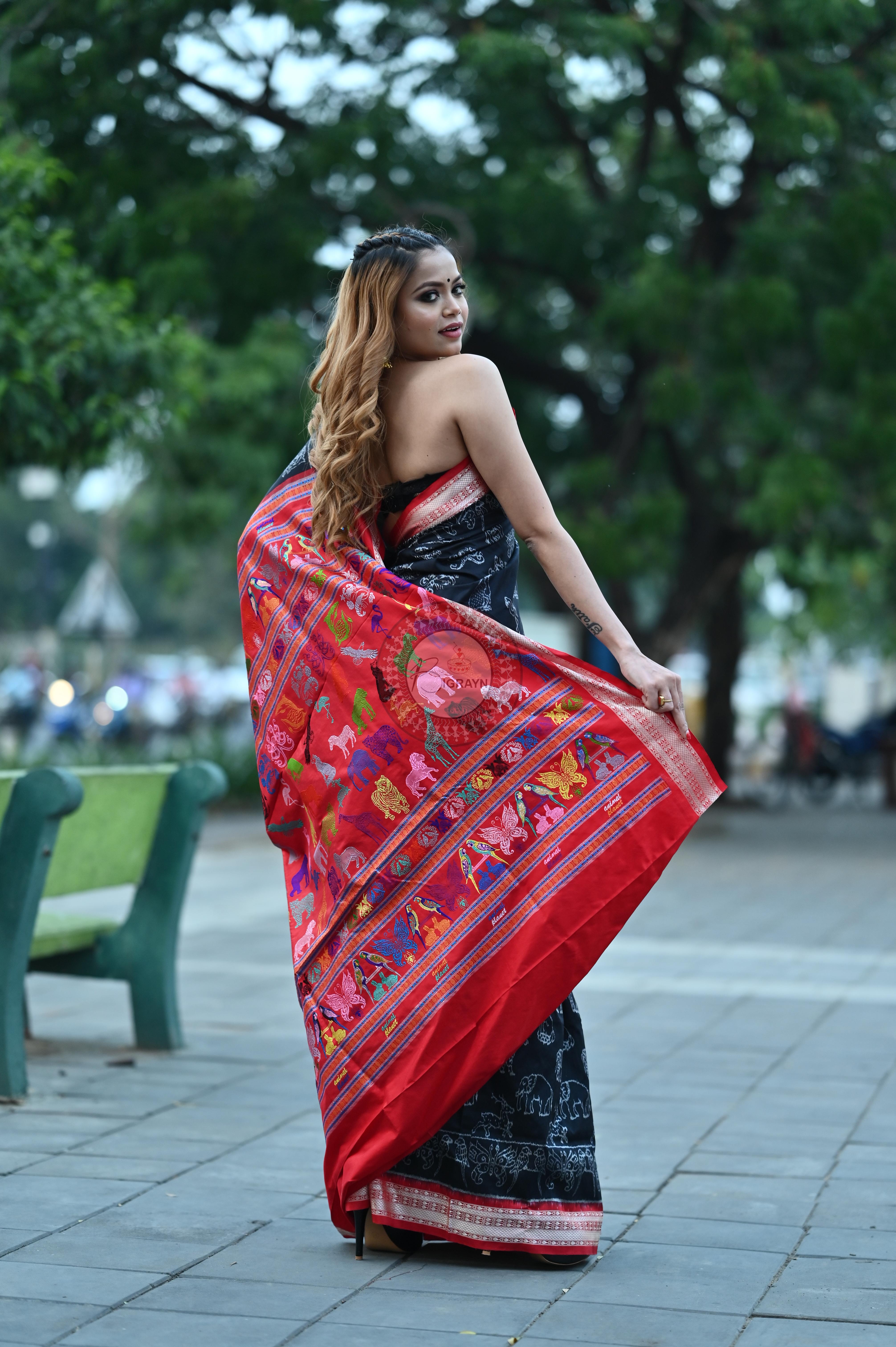 Black Animal Planet Sambalpuri Silk Saree