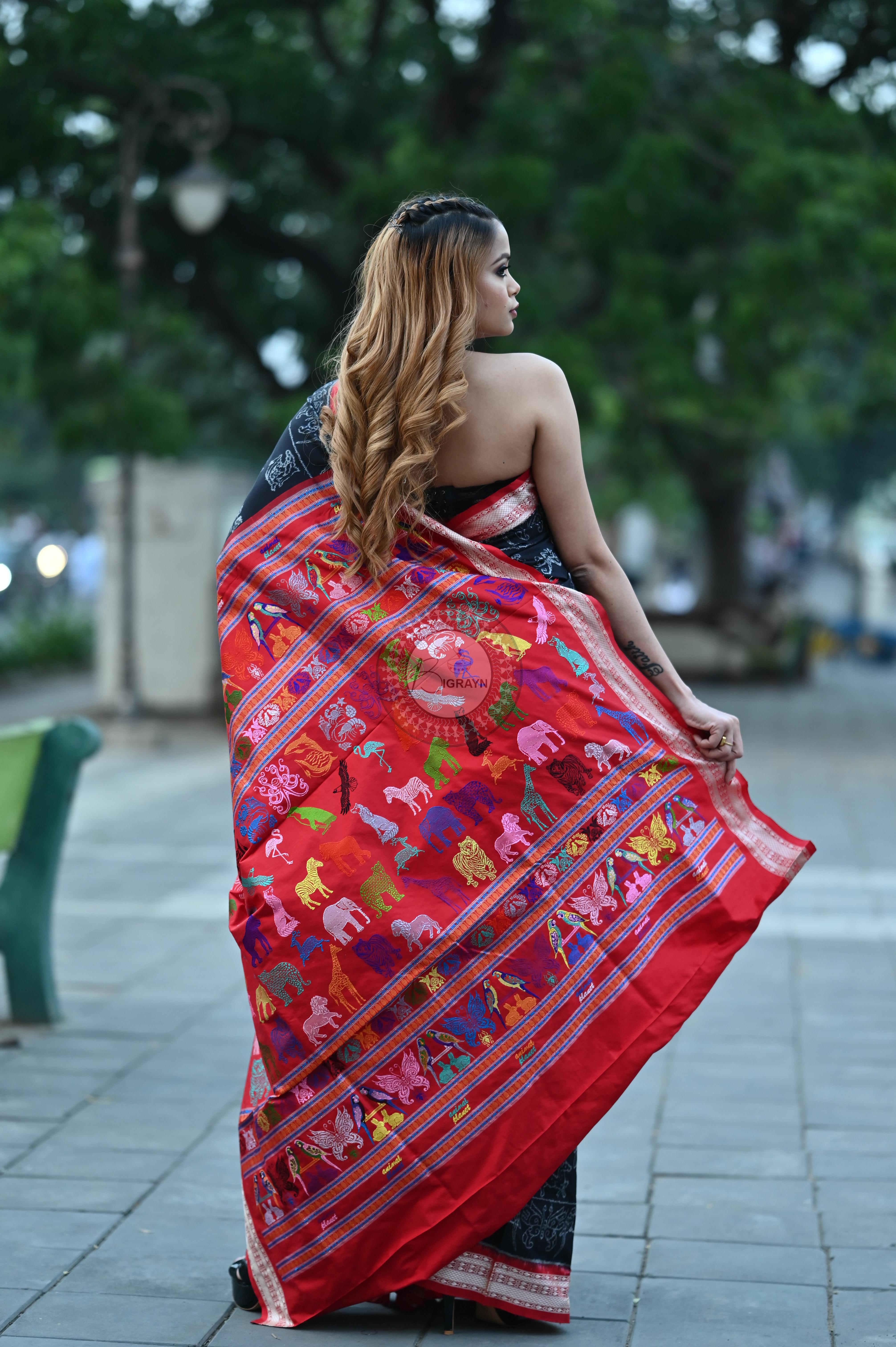 Black Animal Planet Sambalpuri Silk Saree