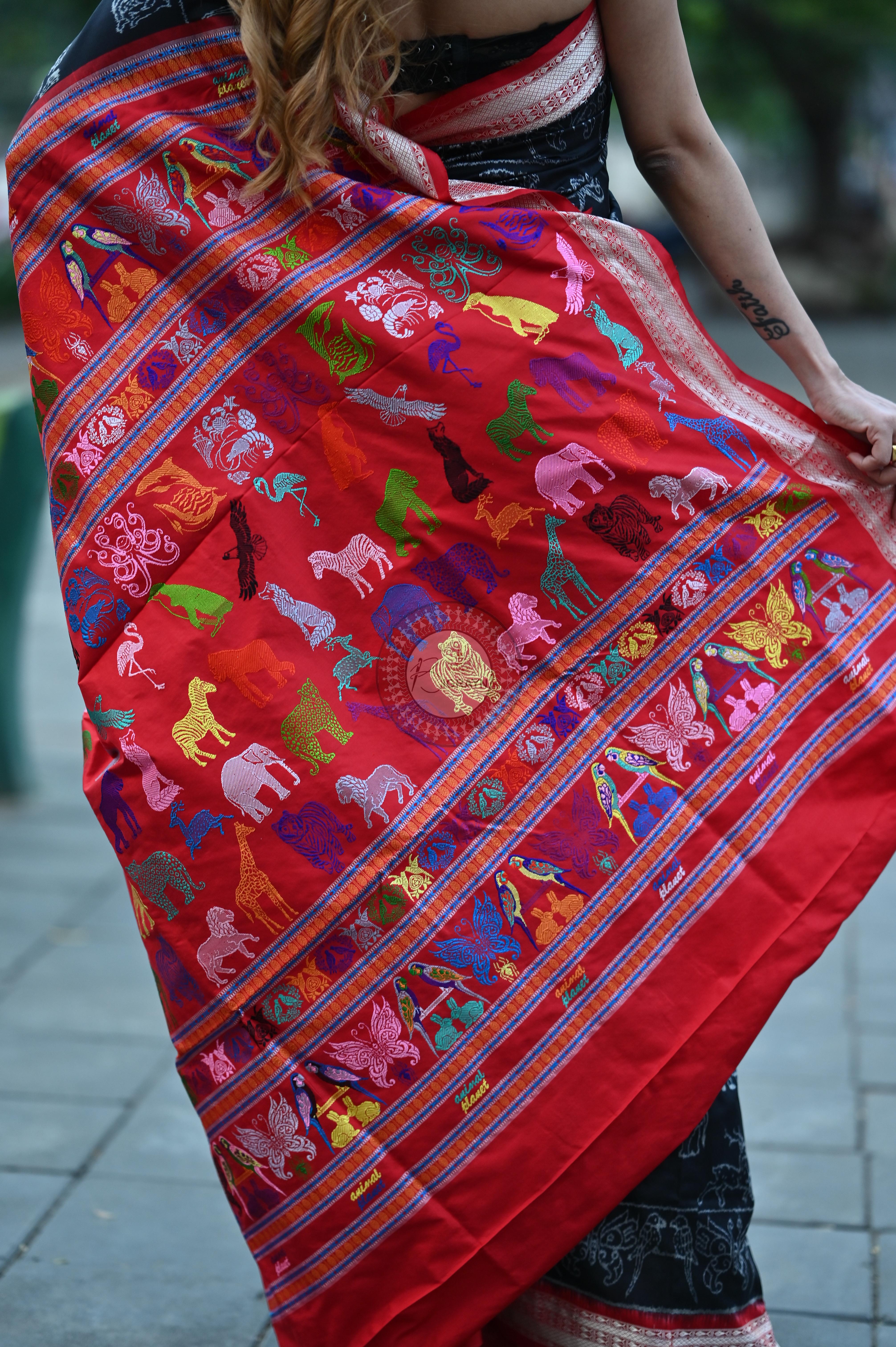 Black Animal Planet Sambalpuri Silk Saree