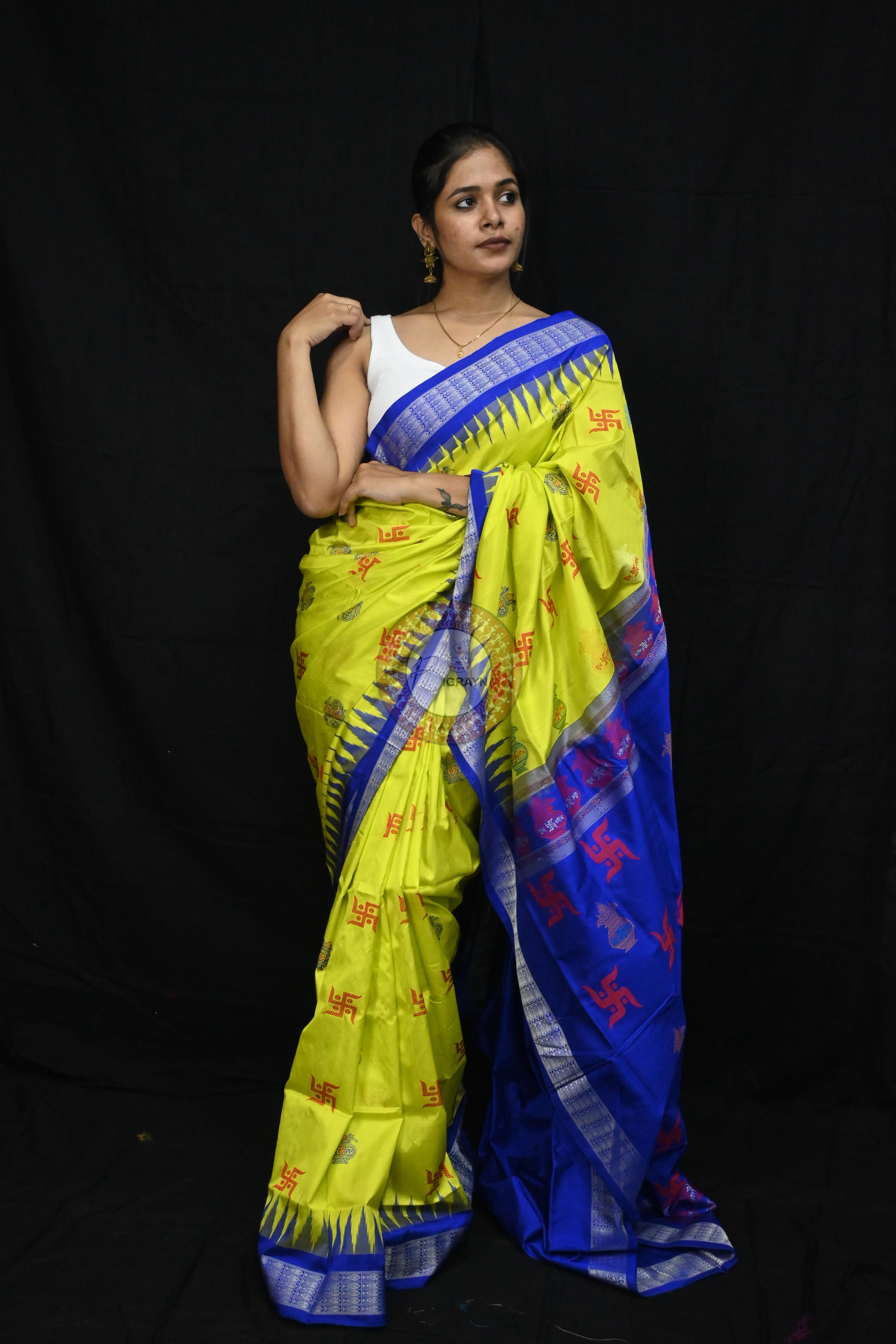 Lemon Yellow Blue Swastik Kalash Silk Saree
