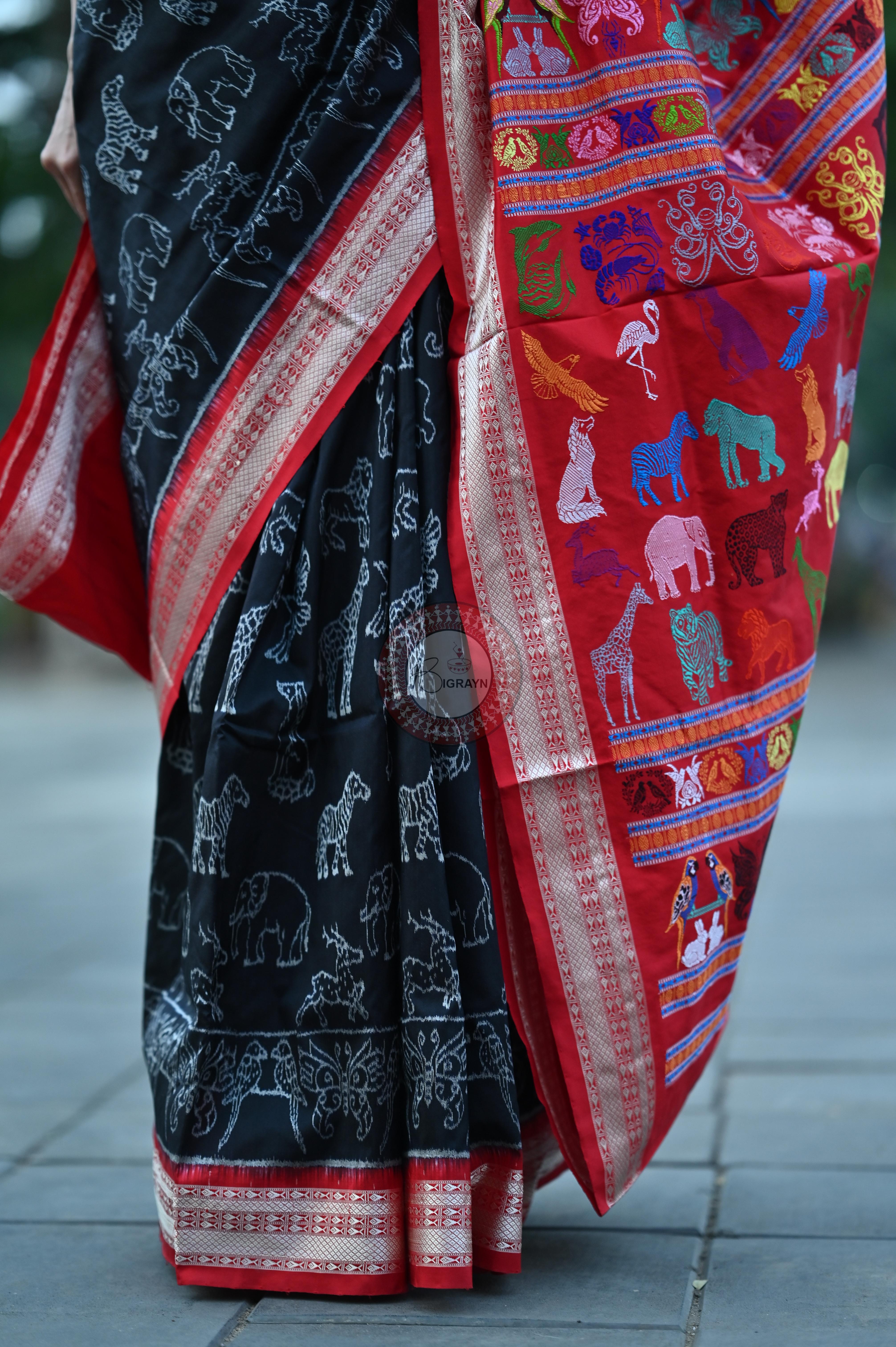 Black Animal Planet Sambalpuri Silk Saree