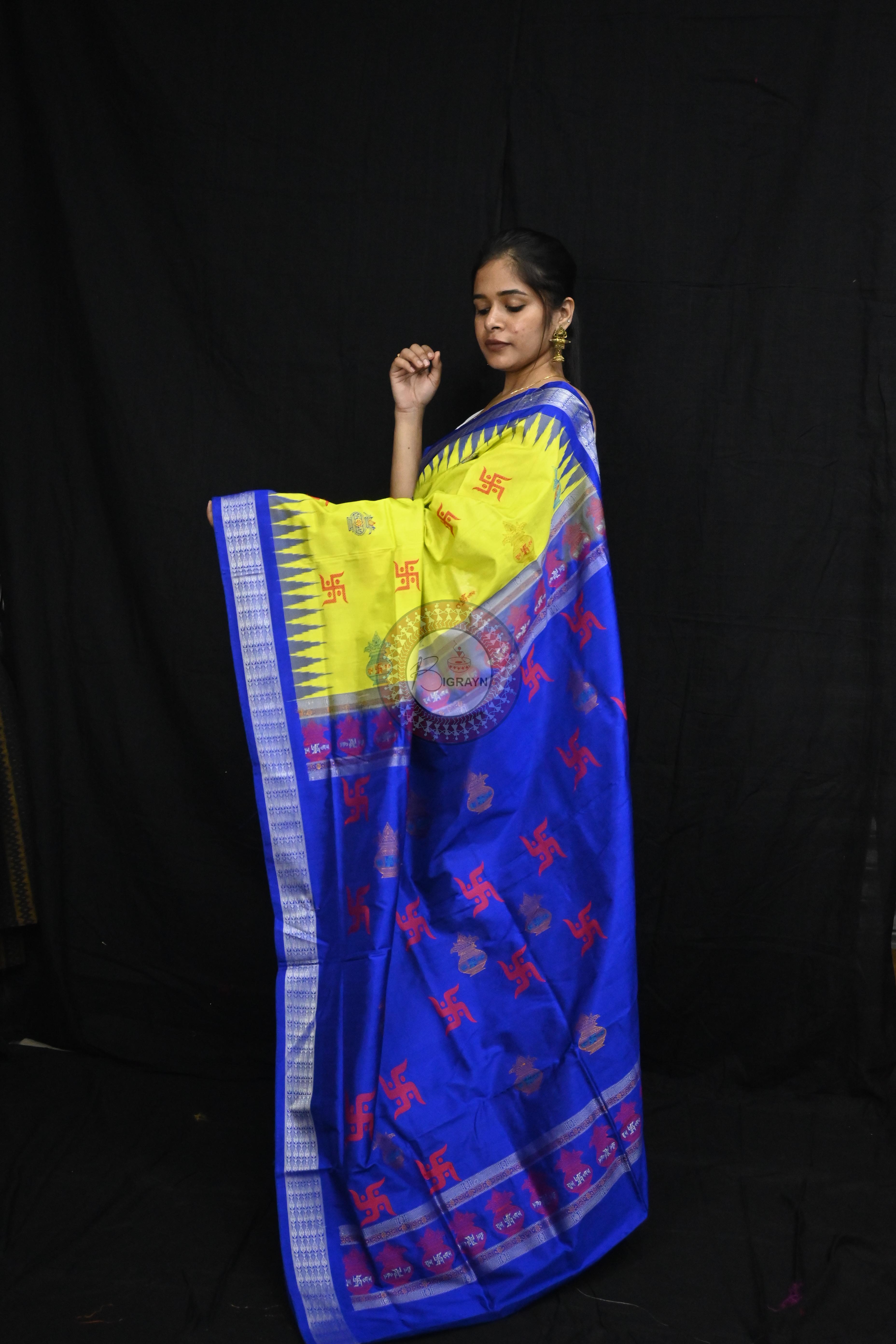 Lemon Yellow Blue Swastik Kalash Silk Saree