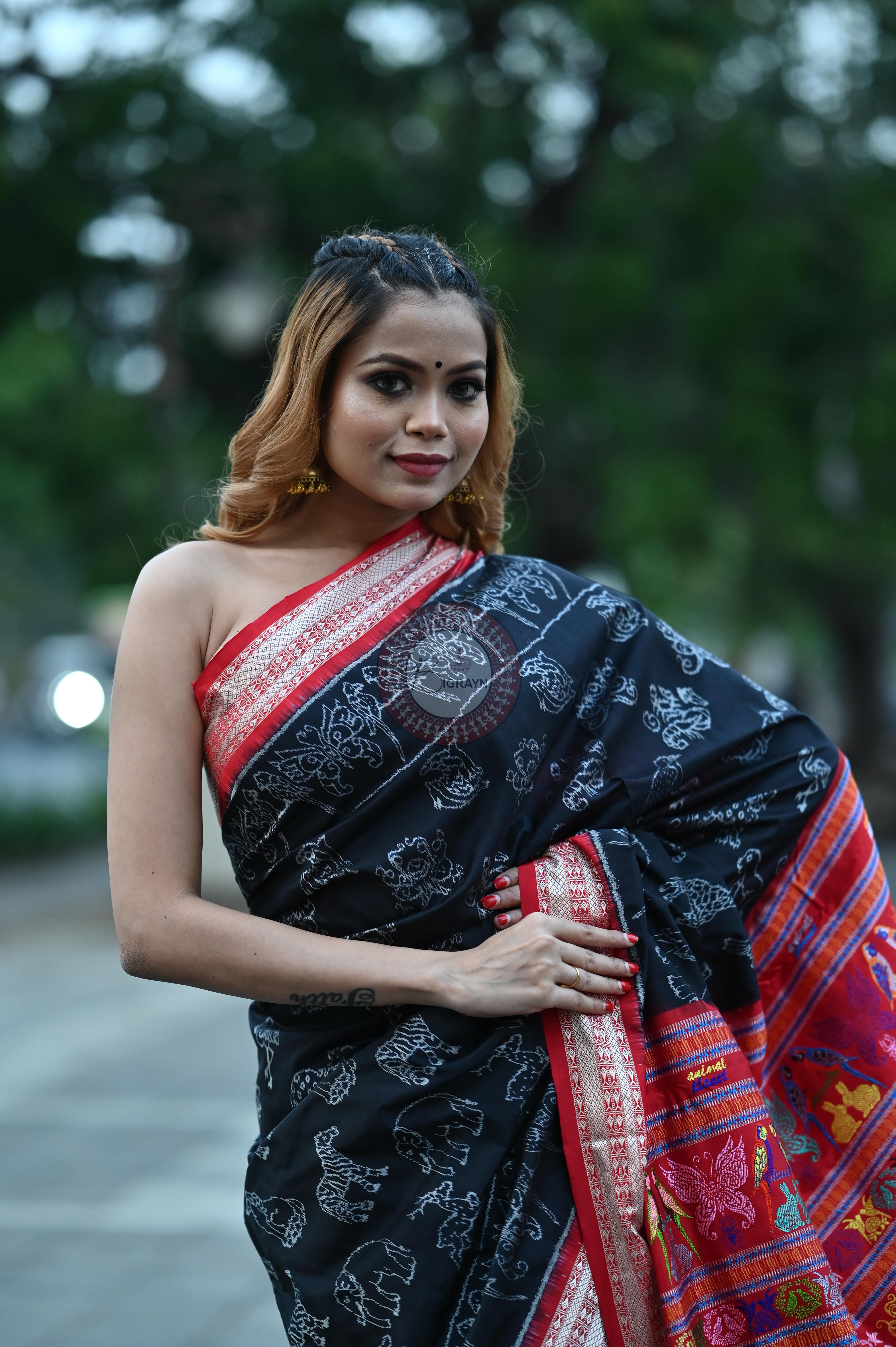 Black Animal Planet Sambalpuri Silk Saree
