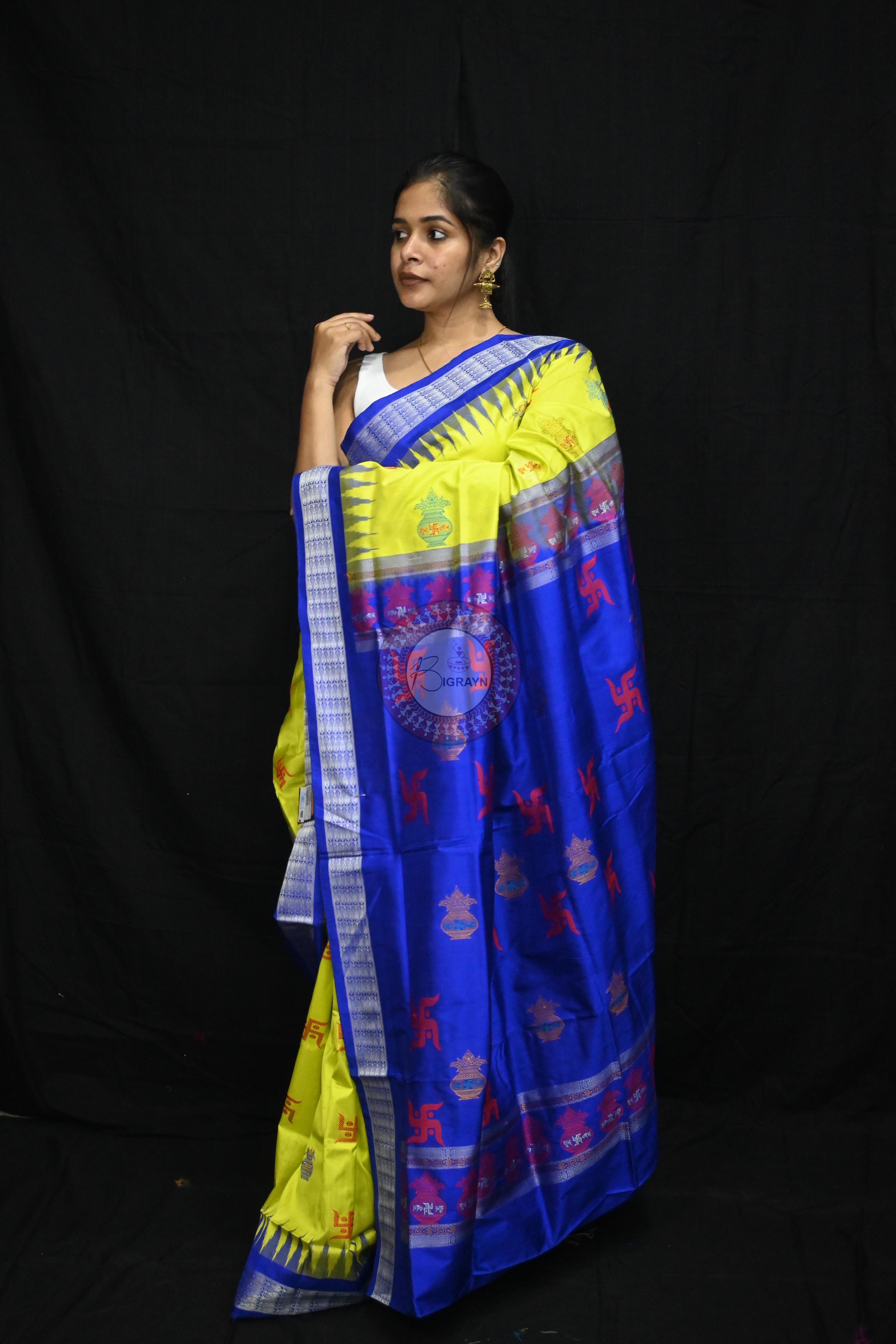 Lemon Yellow Blue Swastik Kalash Silk Saree