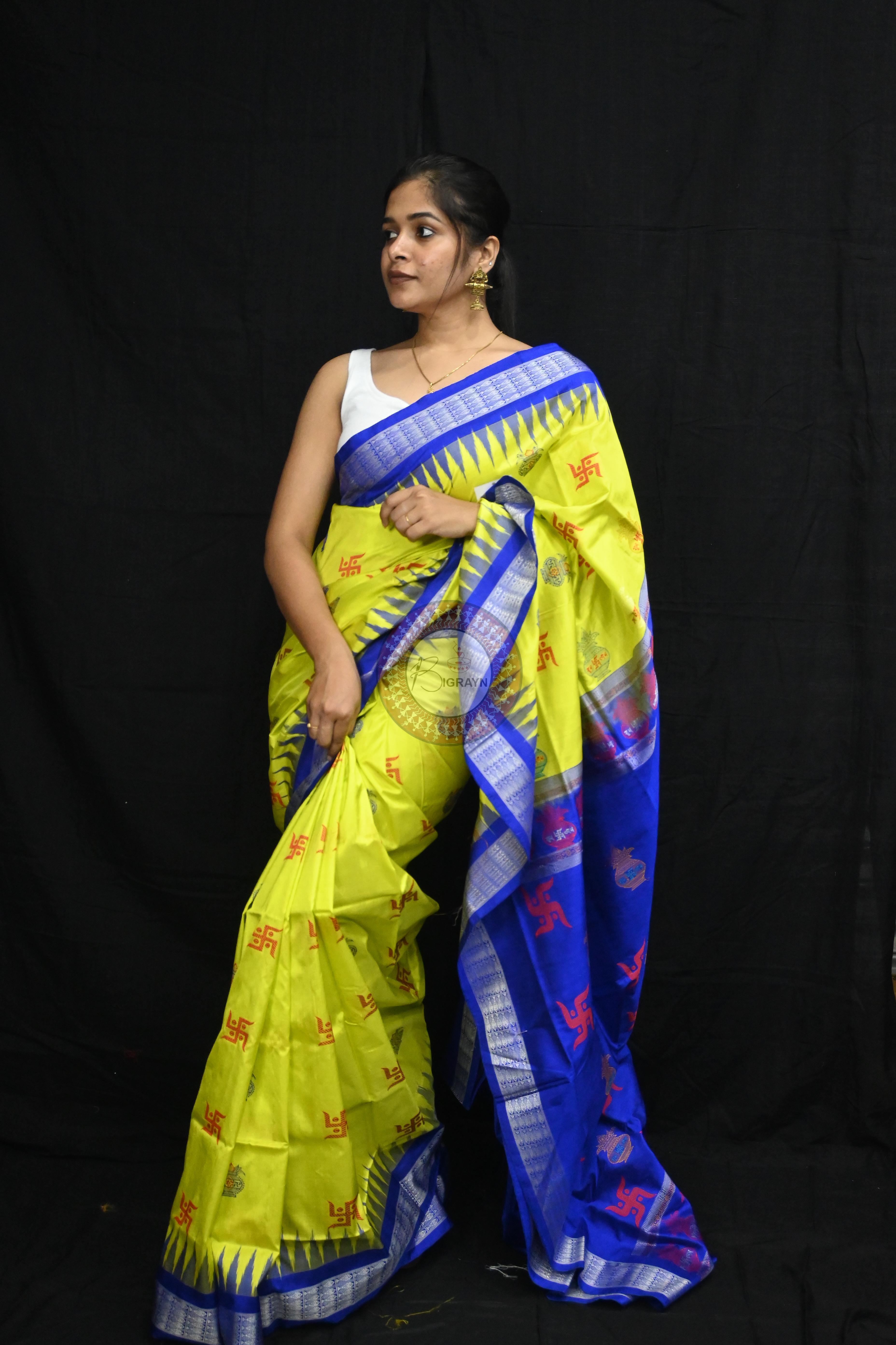 Lemon Yellow Blue Swastik Kalash Silk Saree