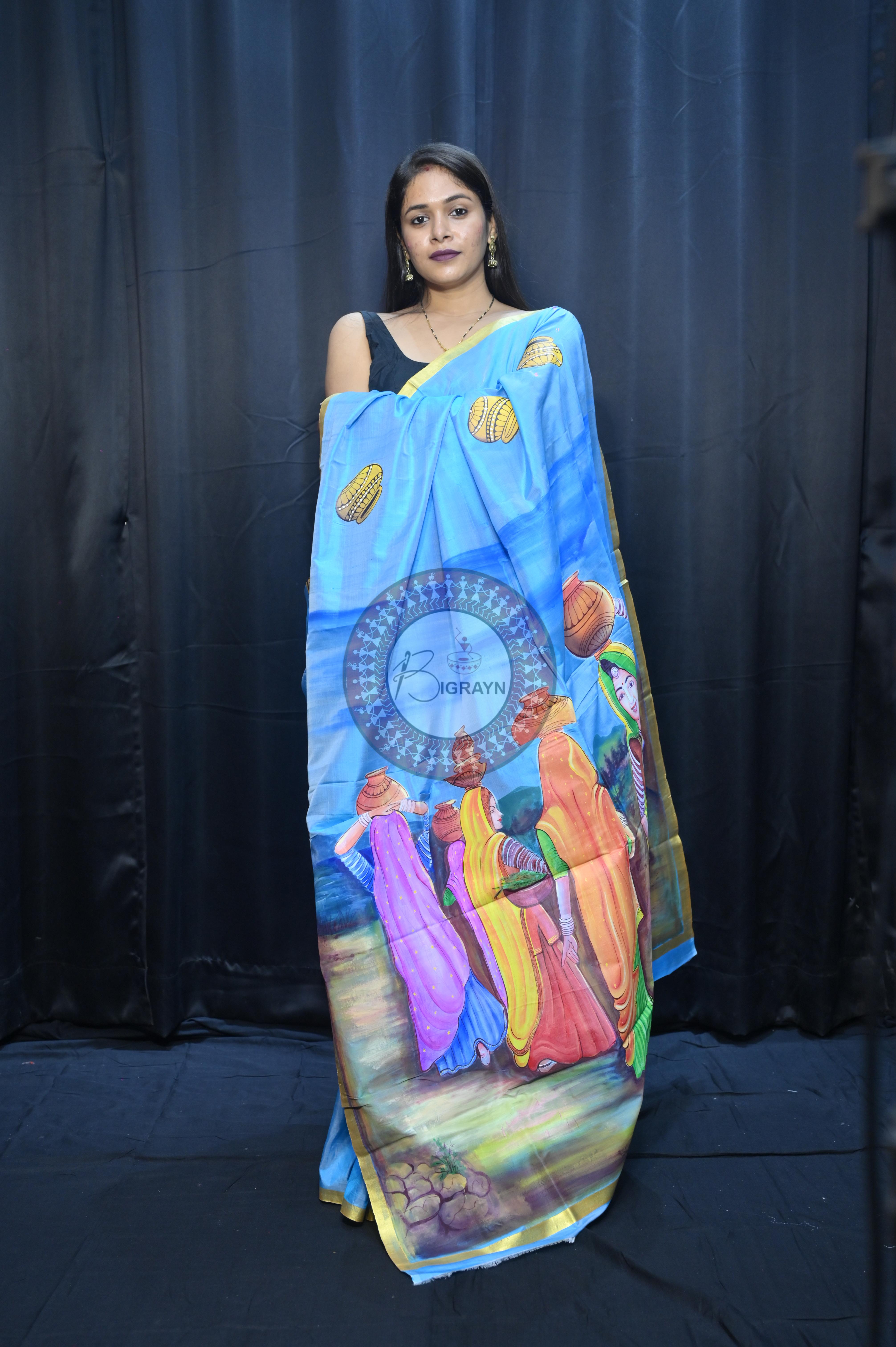 Sky Rajastani Art Theme Pattachitra Sambalpuri Silk Saree
