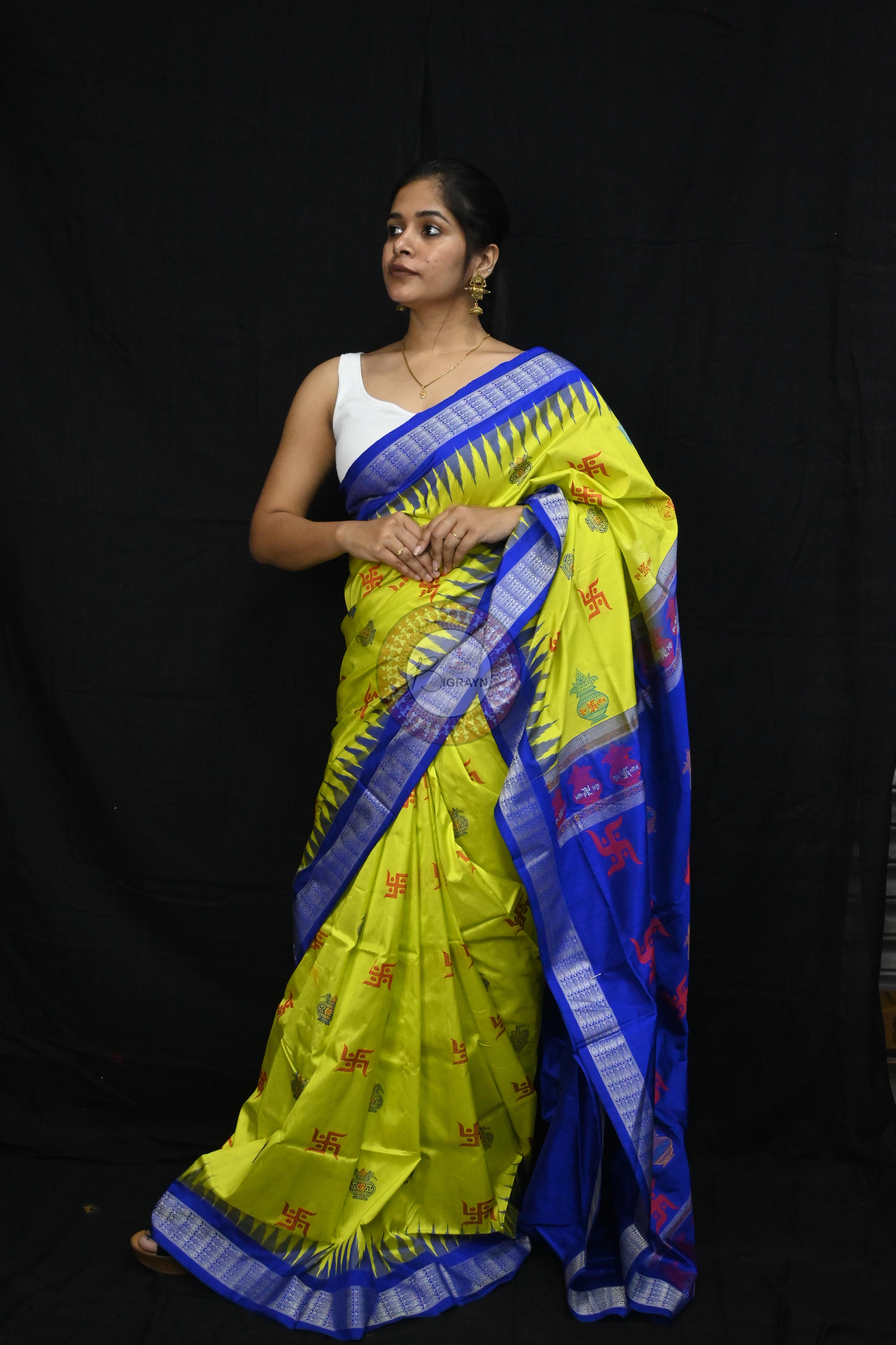Lemon Yellow Blue Swastik Kalash Silk Saree