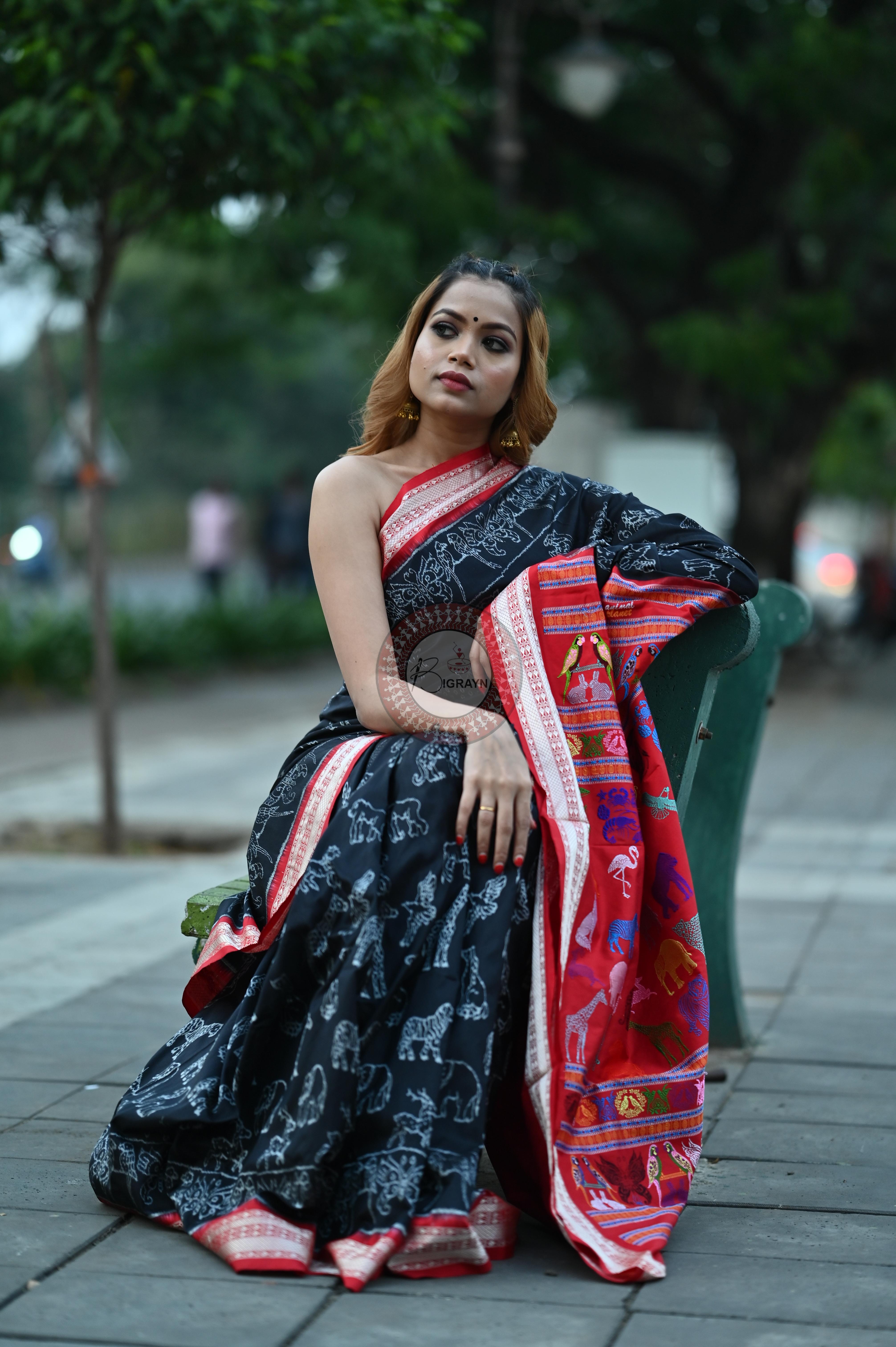 Black Animal Planet Sambalpuri Silk Saree
