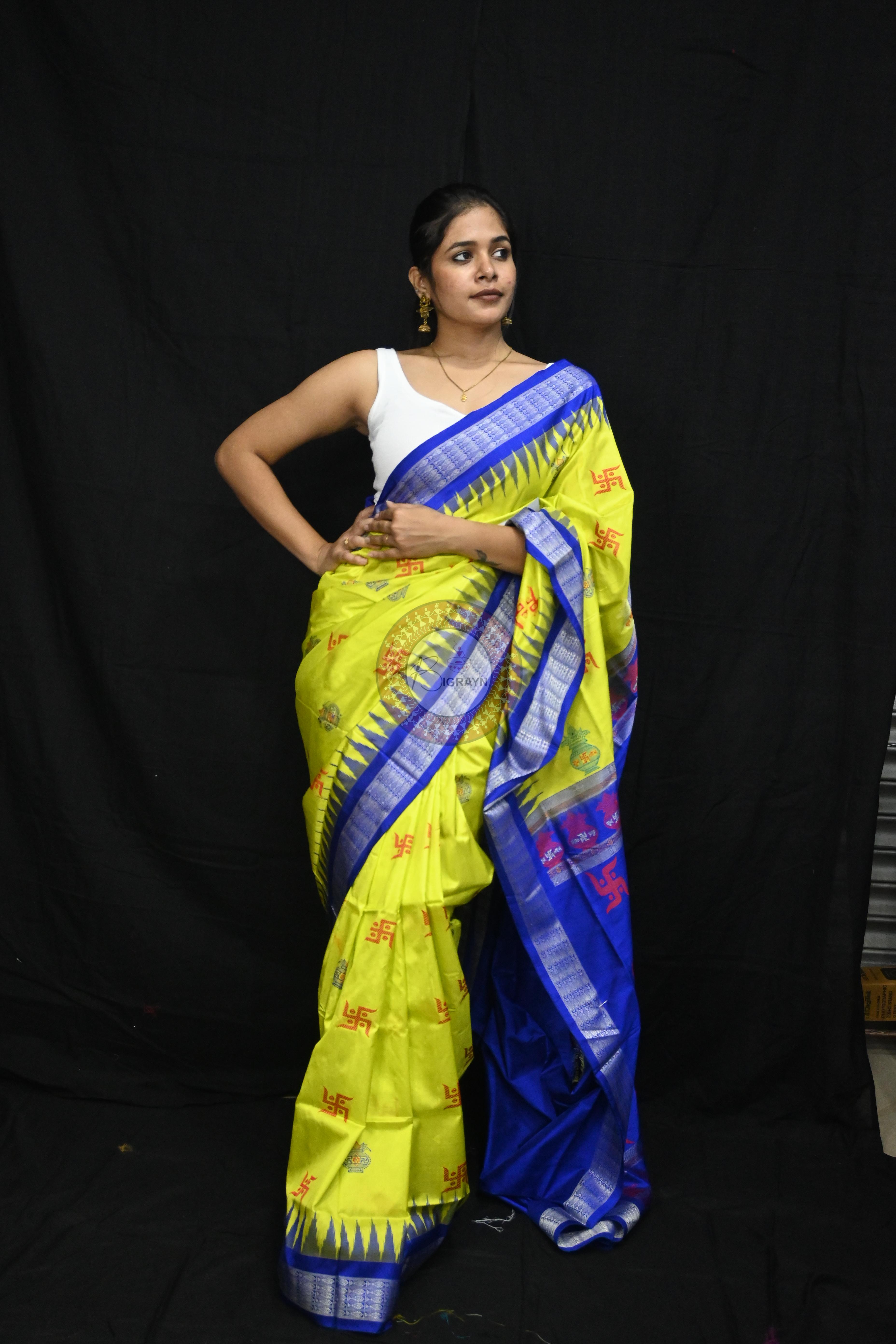 Lemon Yellow Blue Swastik Kalash Silk Saree
