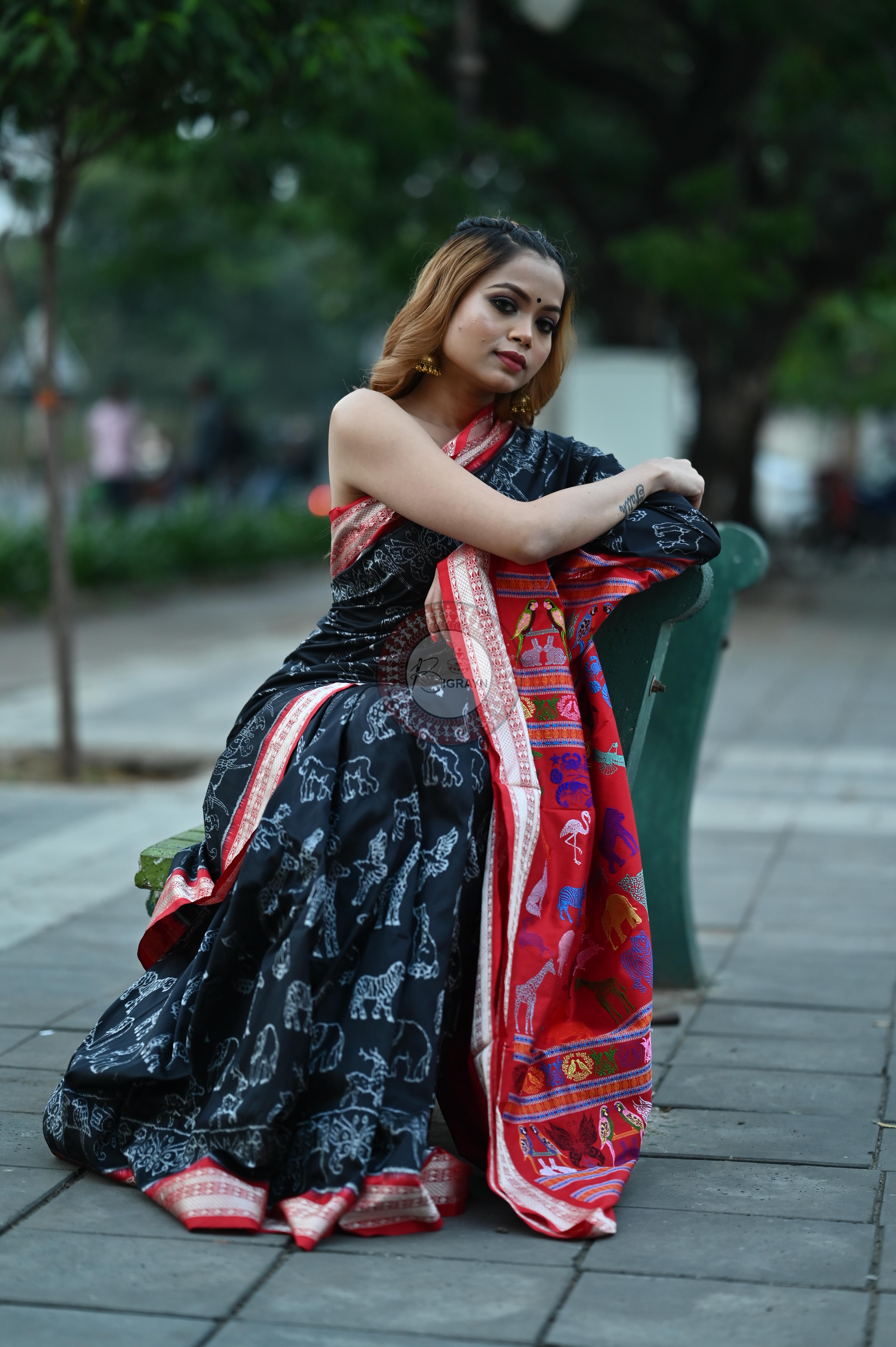 Black Animal Planet Sambalpuri Silk Saree