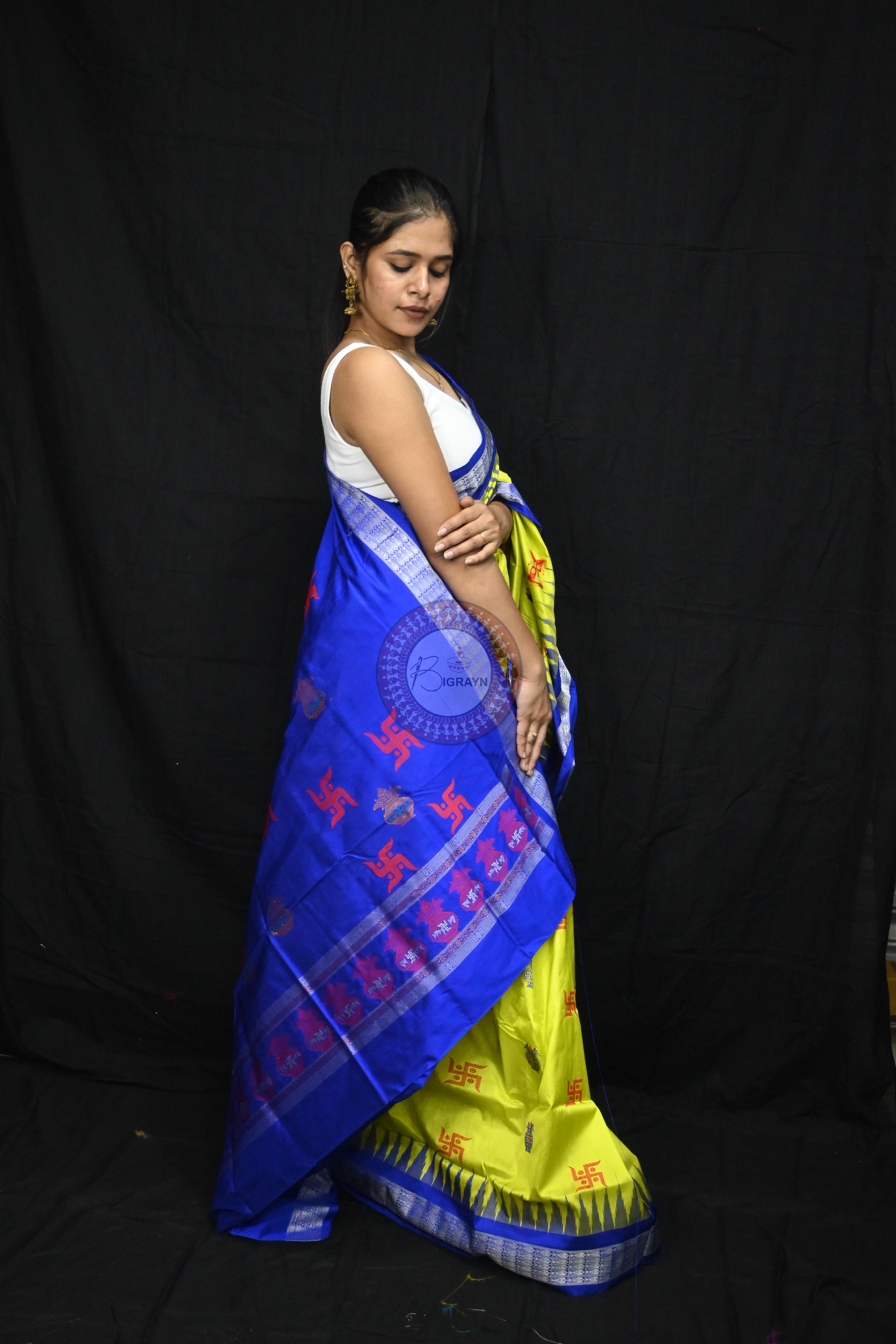 Lemon Yellow Blue Swastik Kalash Silk Saree