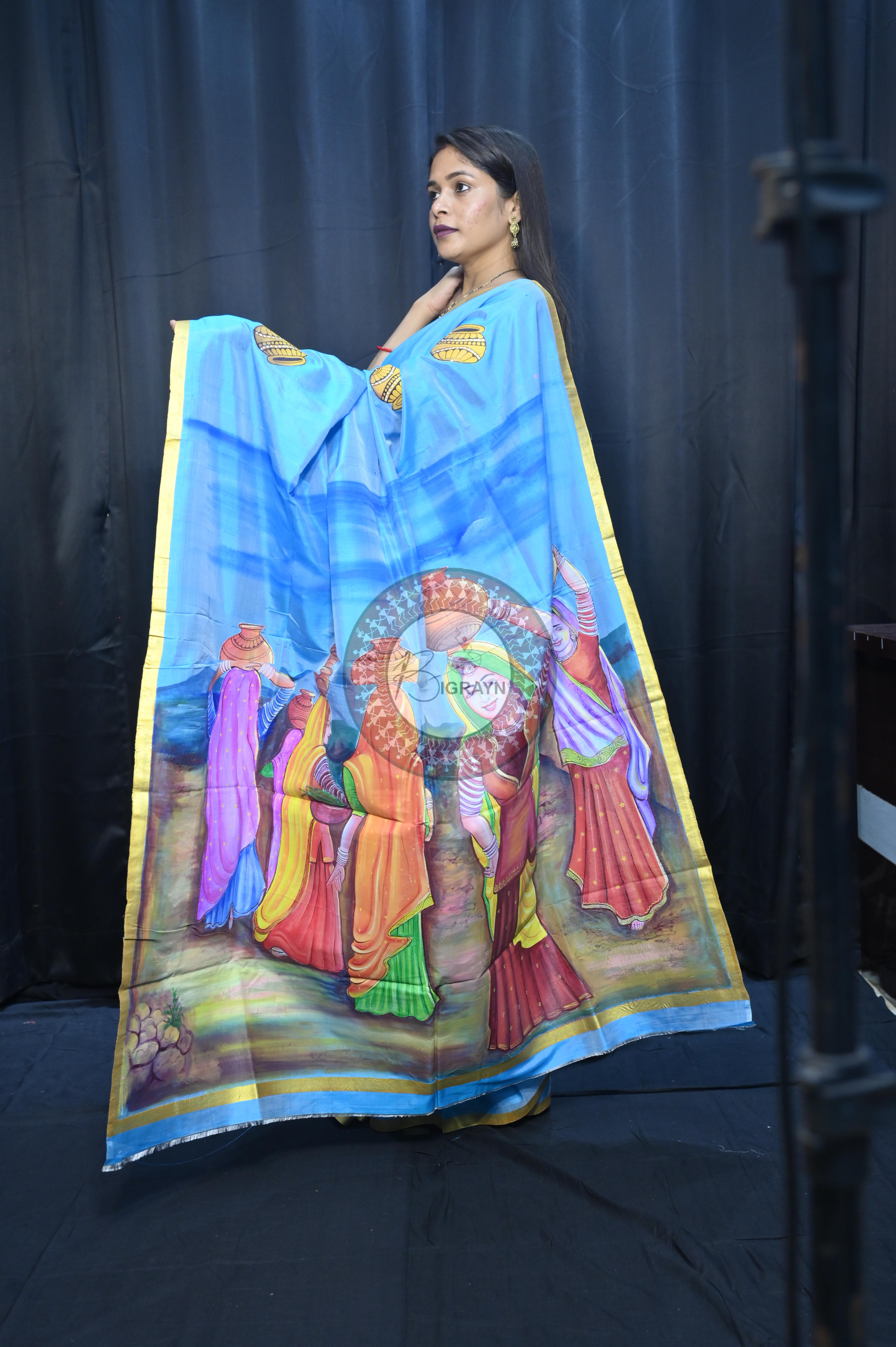 Sky Rajastani Art Theme Pattachitra Sambalpuri Silk Saree