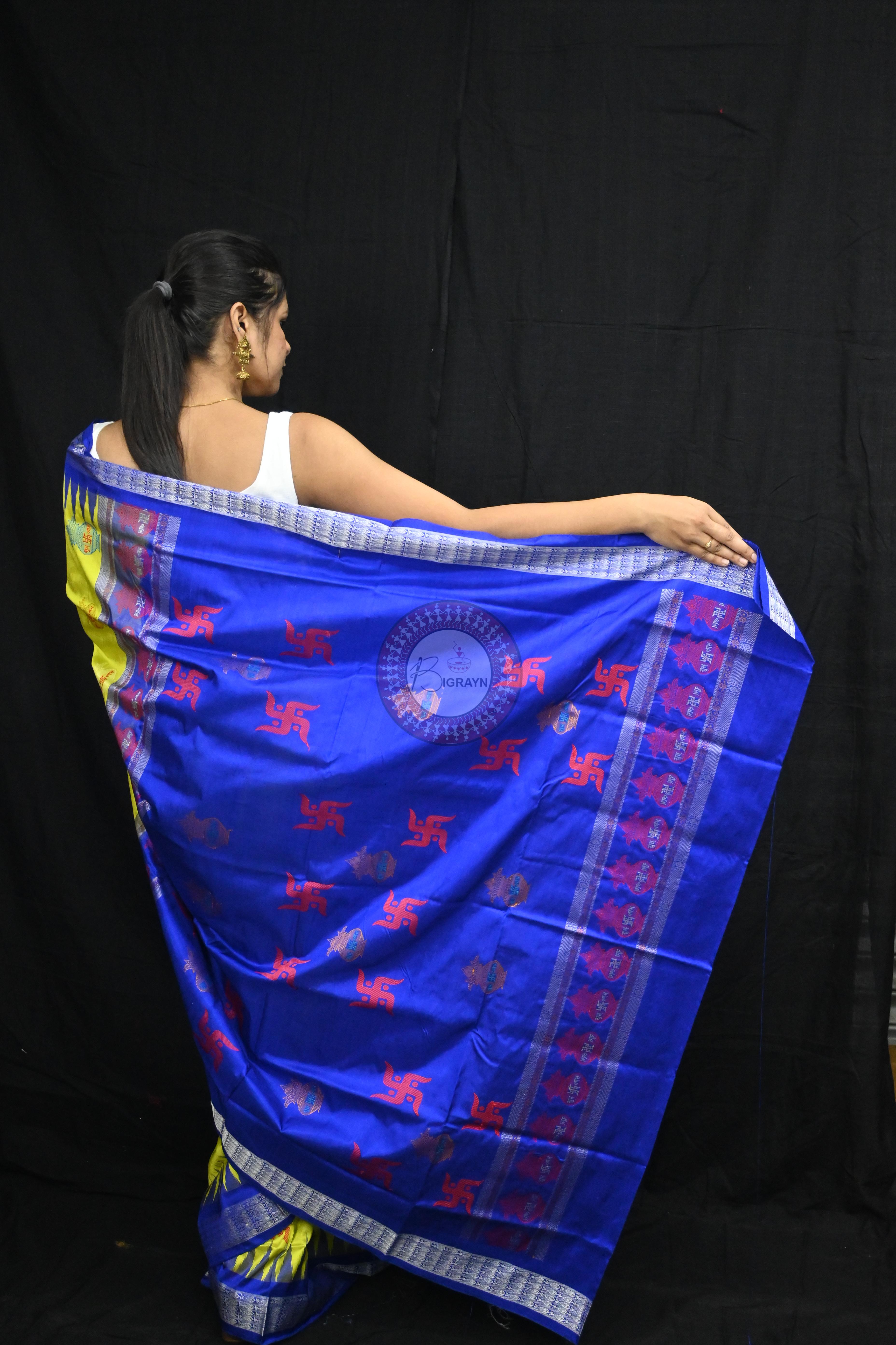 Lemon Yellow Blue Swastik Kalash Silk Saree
