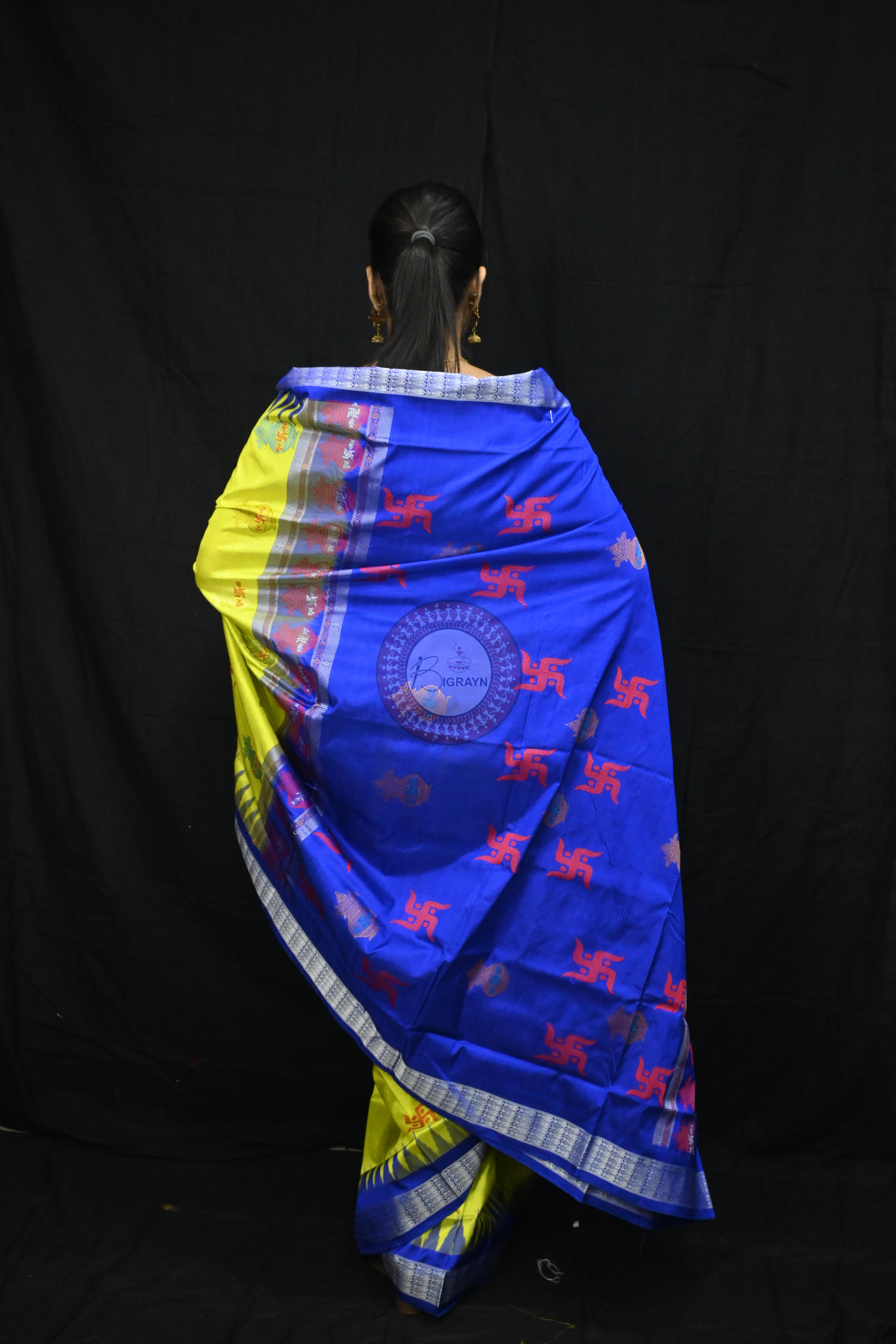 Lemon Yellow Blue Swastik Kalash Silk Saree