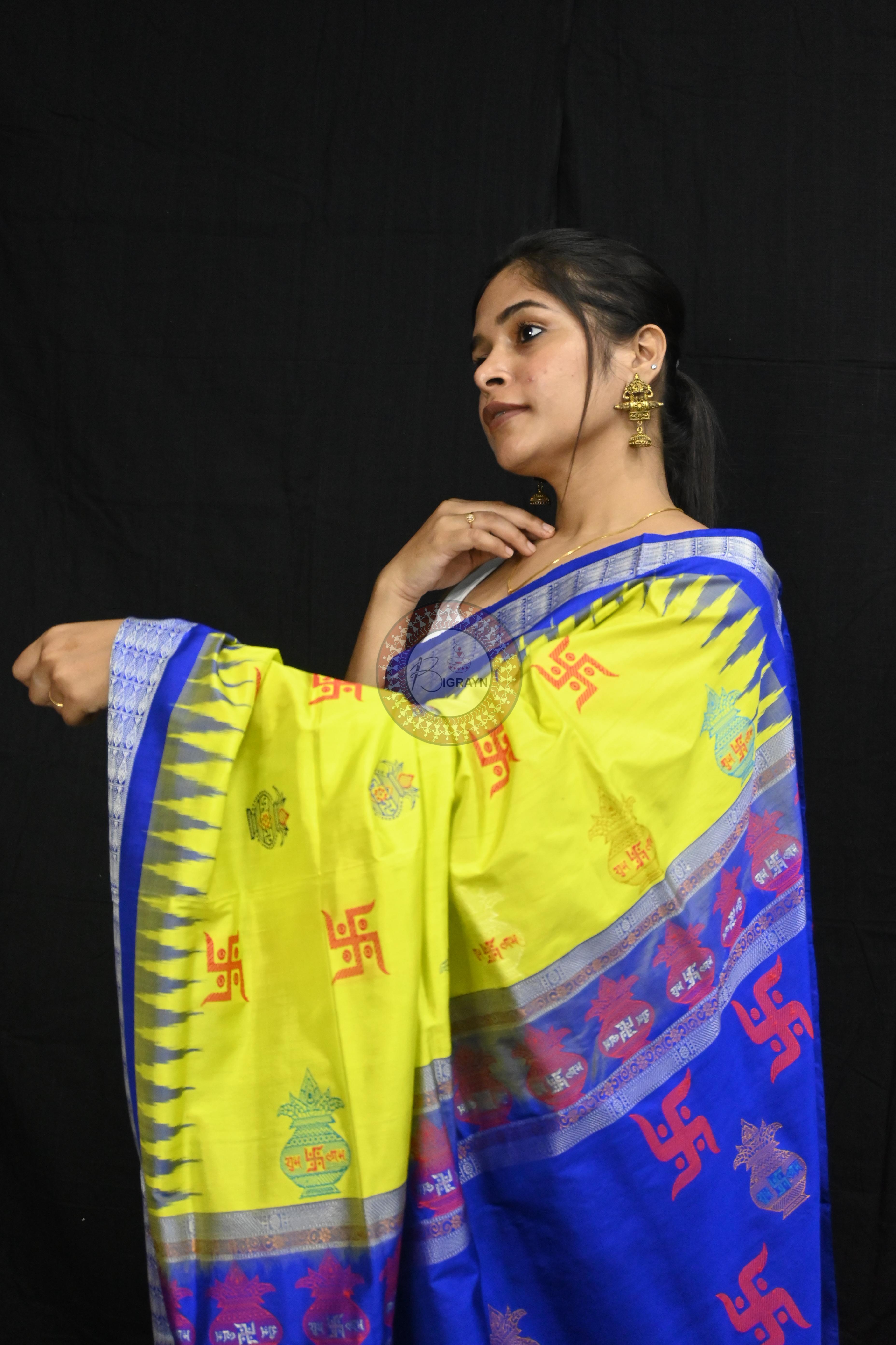 Lemon Yellow Blue Swastik Kalash Silk Saree